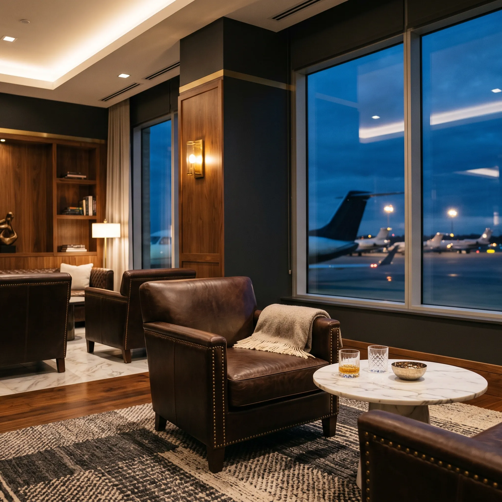 Luxury private aviation VIP lounge interior with leather seating and floor-to-ceiling windows overlooking an airport apron