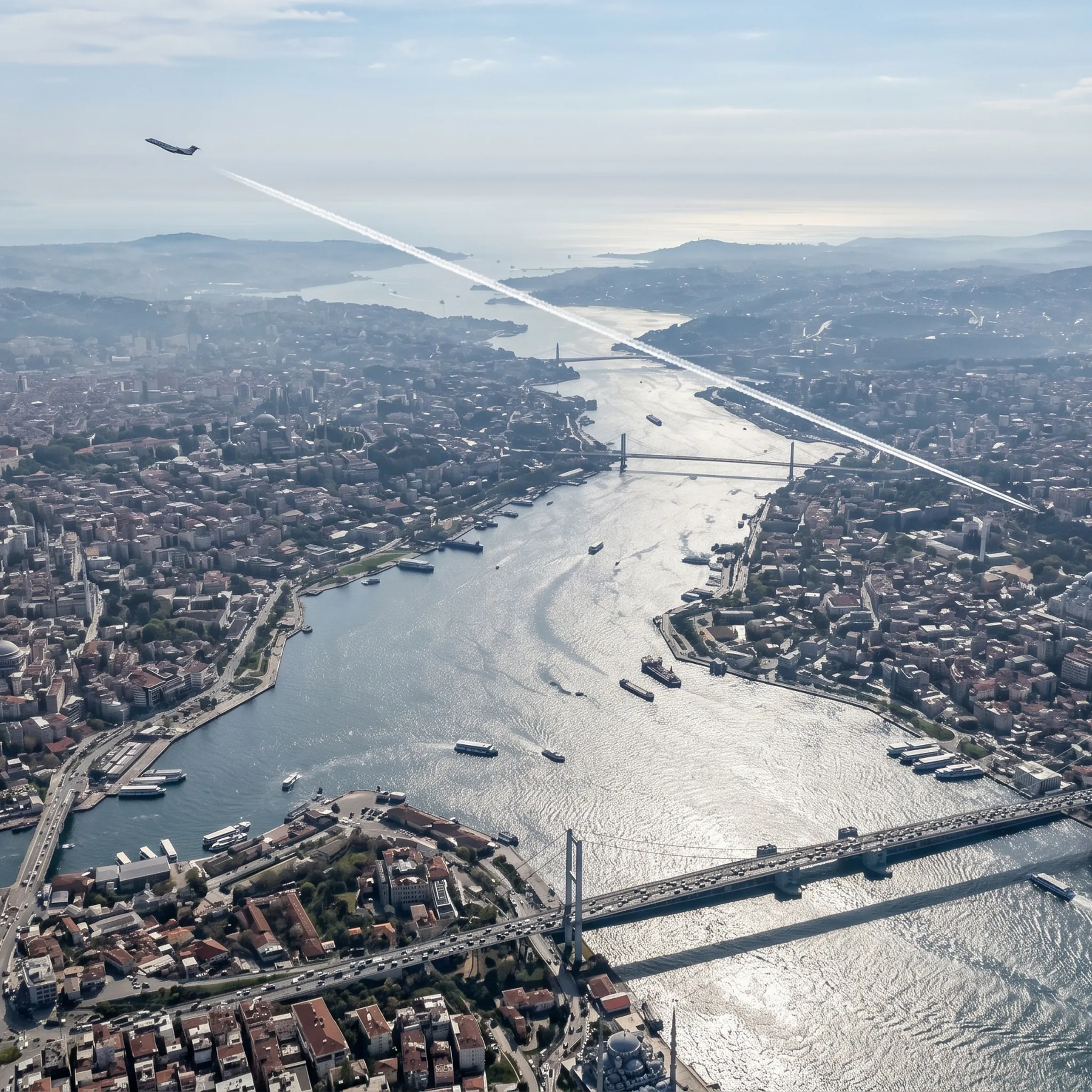 Aerial view of Istanbul with the Bosphorus strait separating Europe and Asia, with a private jet contrail crossing the sky