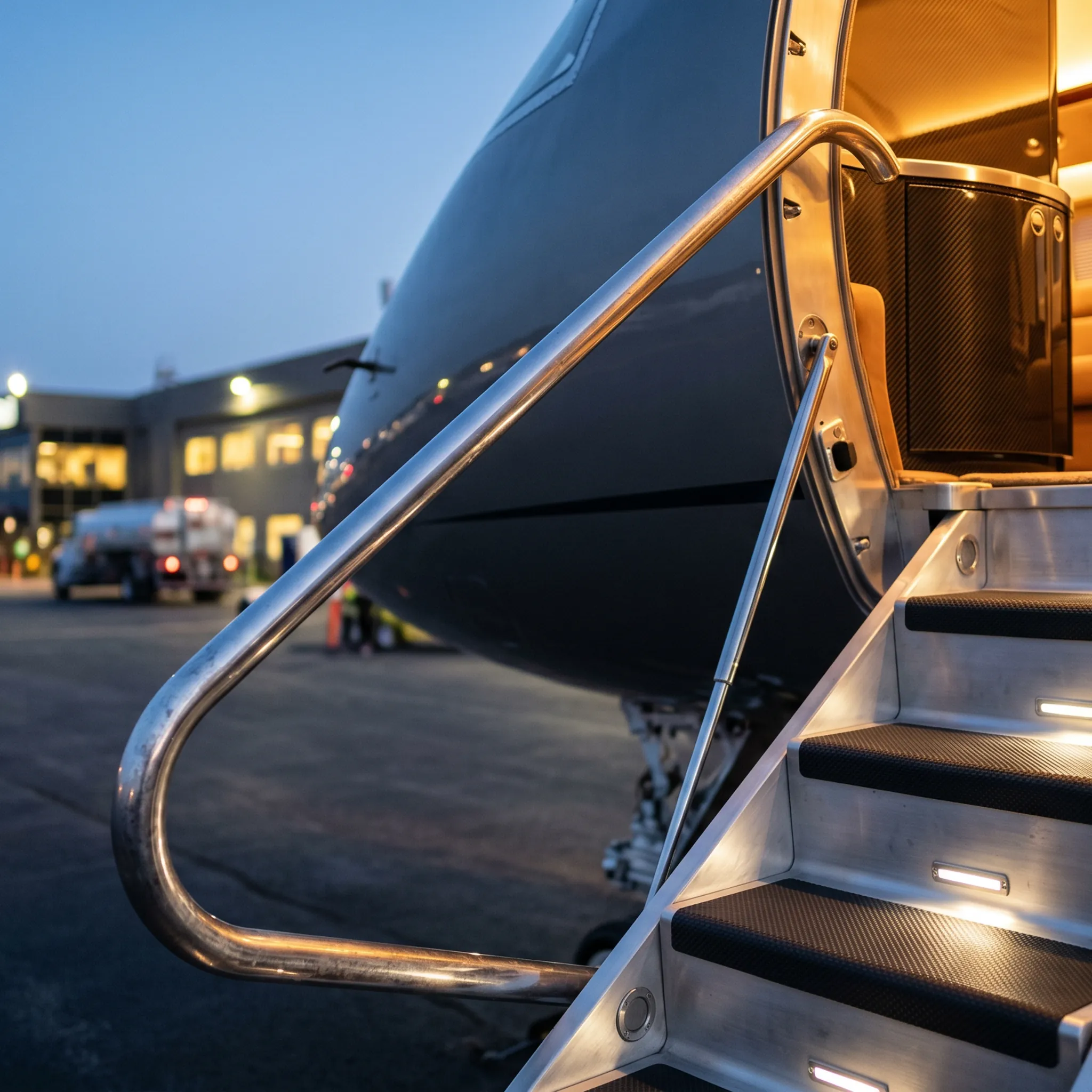 Private jet airstairs at an FBO ramp at twilight with warm cabin interior light visible through the aircraft doorway