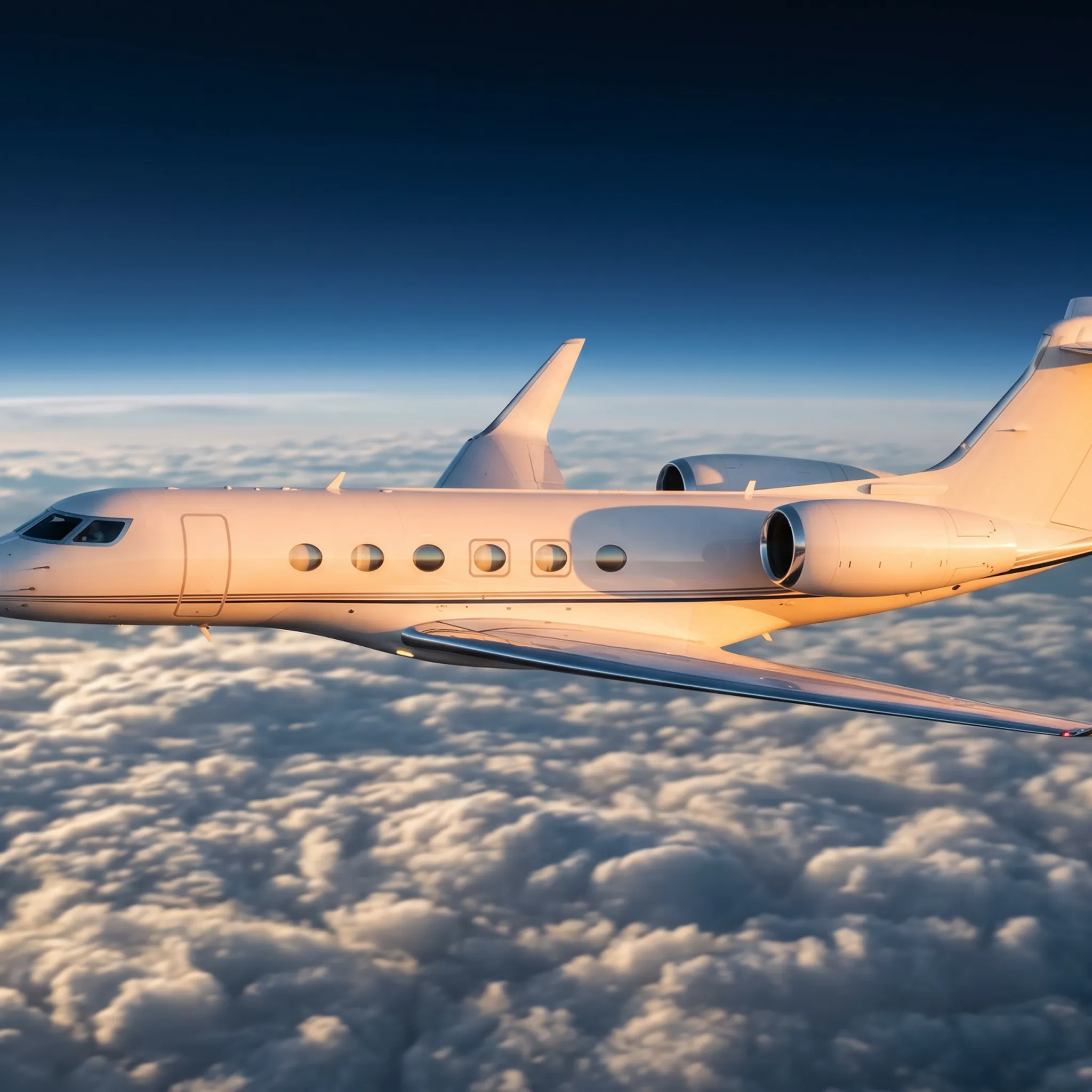 Large-cabin private jet cruising above clouds at high altitude in golden afternoon light over Europe