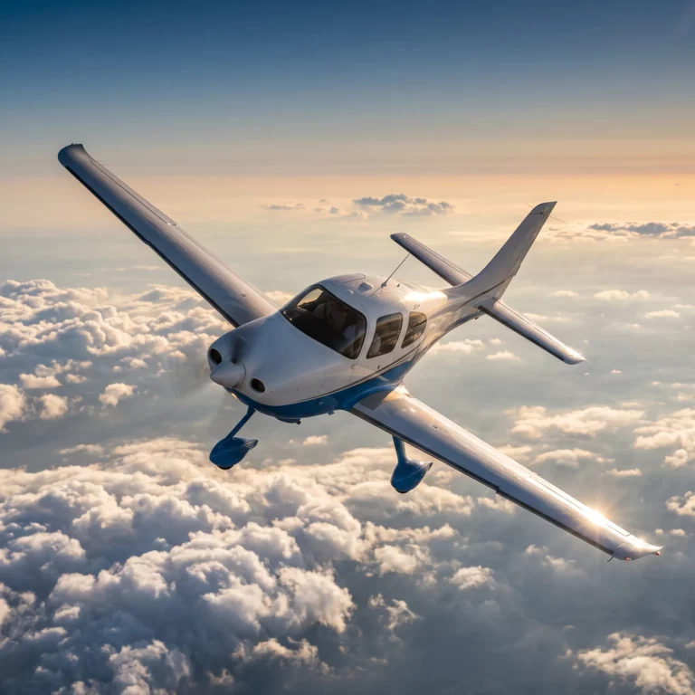 Cirrus SR22 private aircraft flying above cloud layer at sunset, white composite fuselage reflecting warm afternoon light