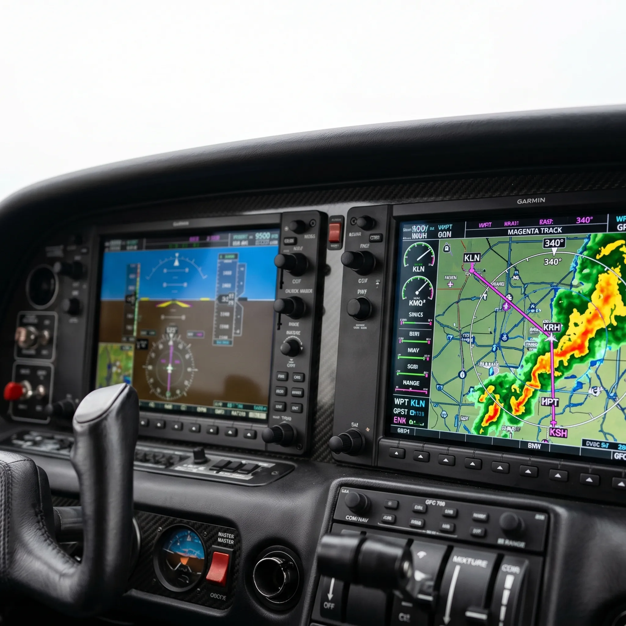 Cirrus SR22 glass cockpit with Garmin G1000 avionics displays showing navigation and weather data