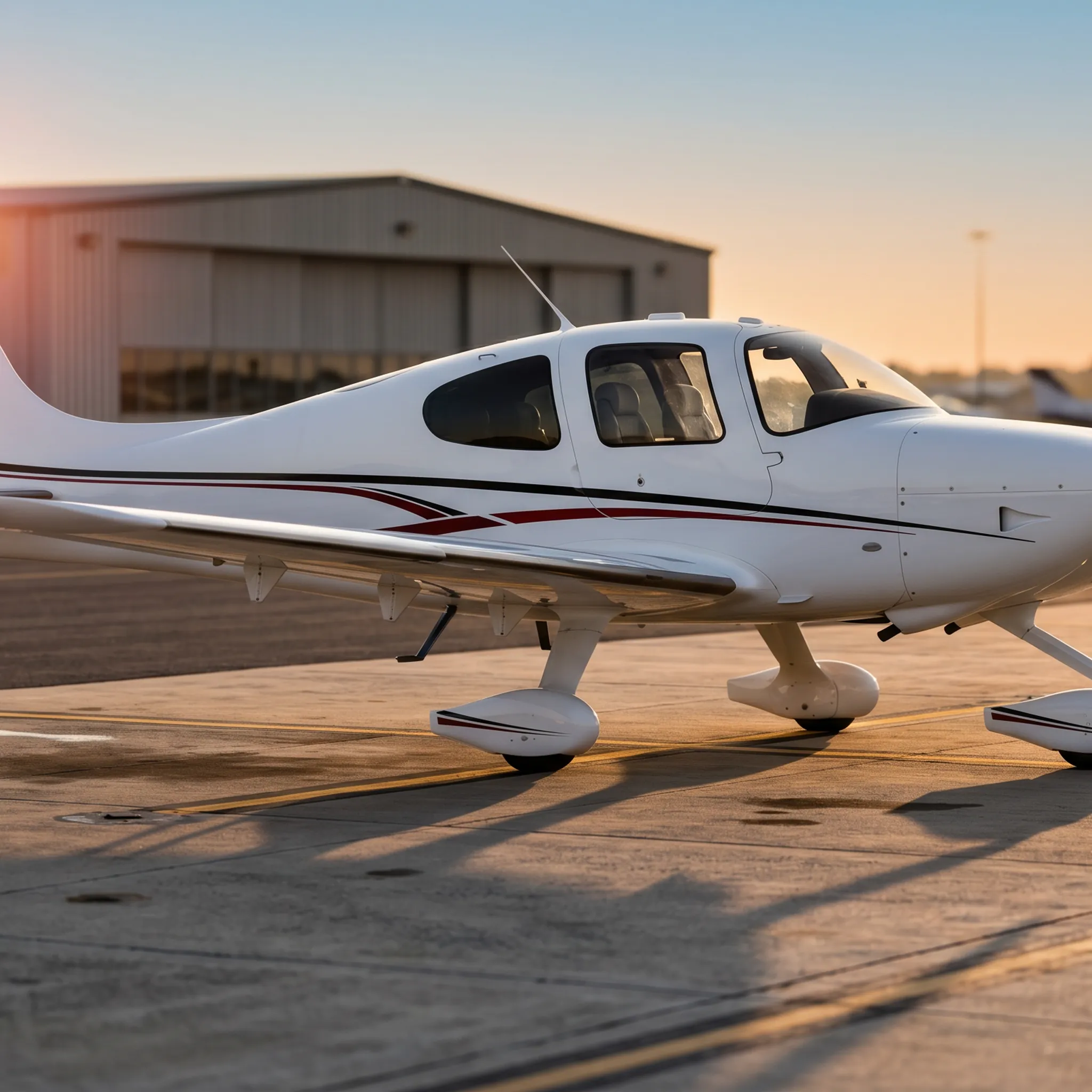 Cirrus SR22 parked on executive airport ramp at golden hour with warm sunset lighting