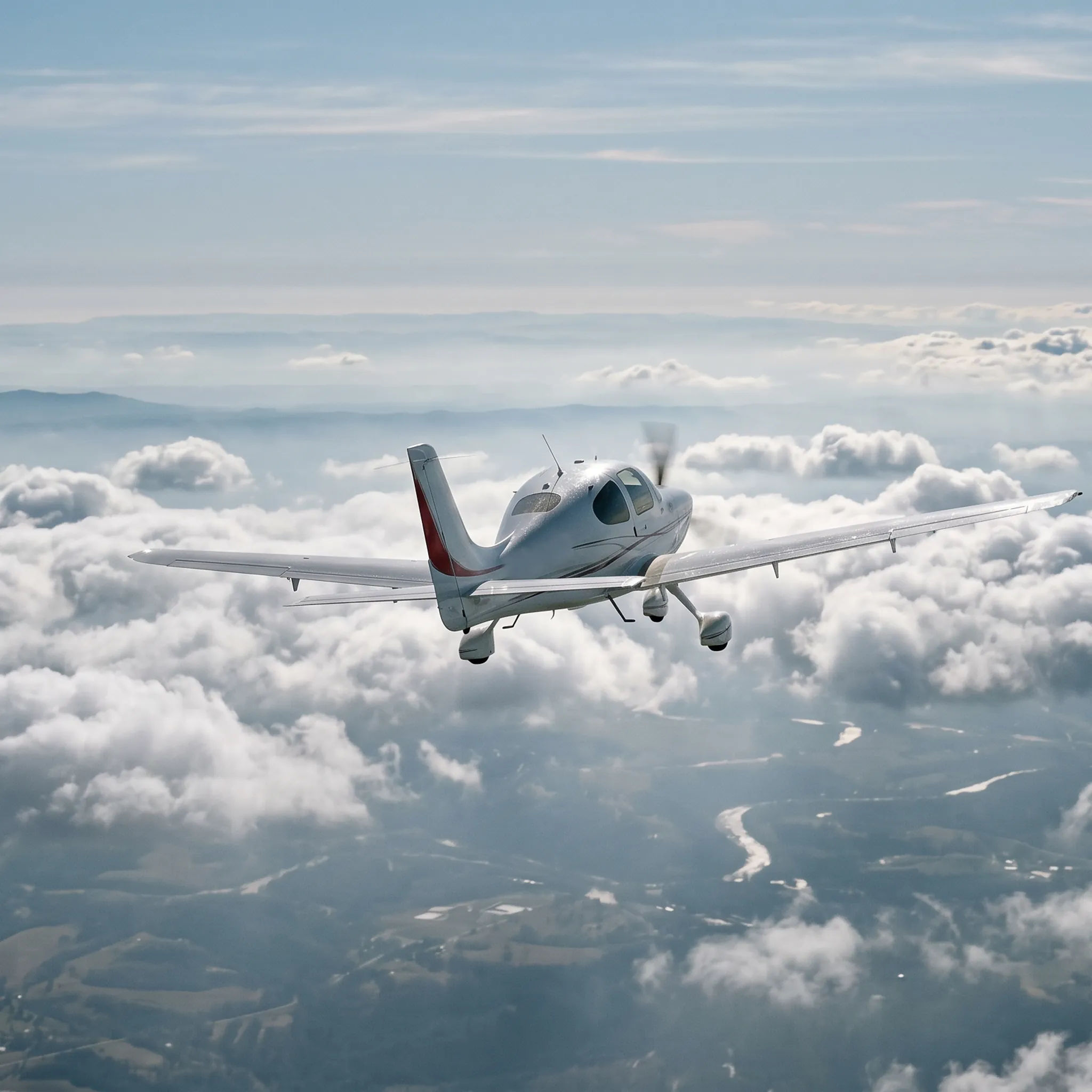 Cirrus SR22 climbing through scattered clouds during instrument flight training in clear morning conditions