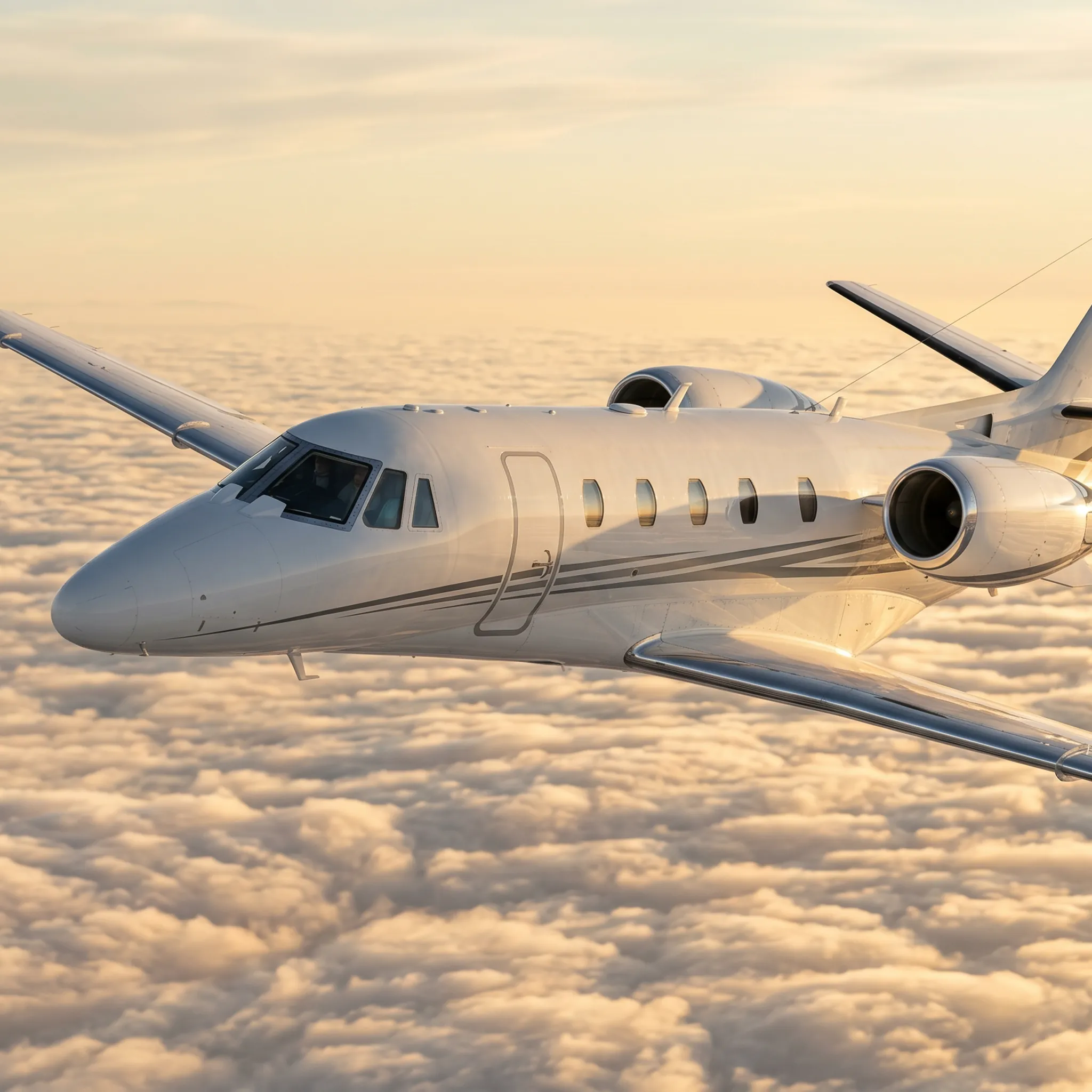 Midsize private jet in cruise flight above clouds representing OneFlight's jet card midsize aircraft category
