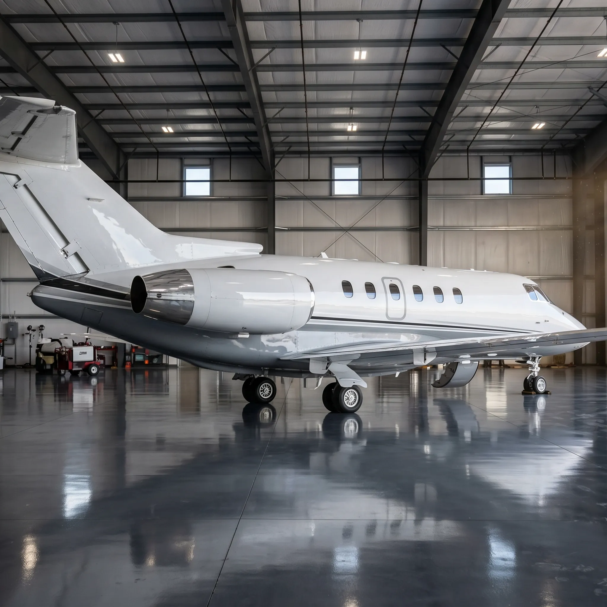 Midsize private jet in executive hangar representing the aircraft category available through midsize jet card programs
