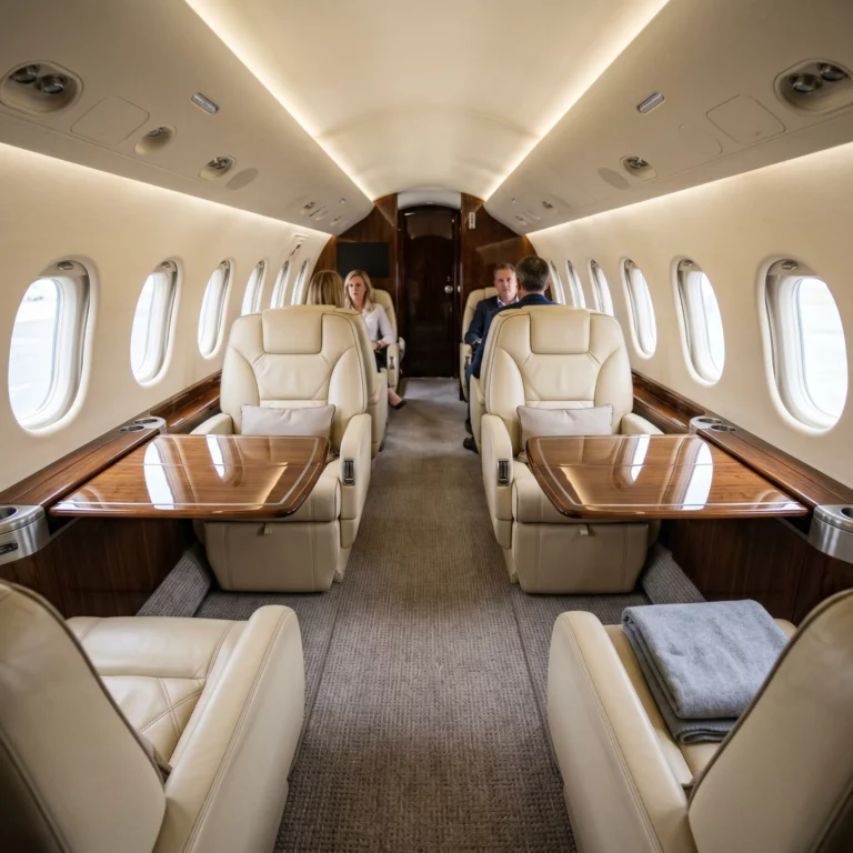 Luxurious midsize private jet cabin with leather seats and wood veneer, representing midsize jet card access