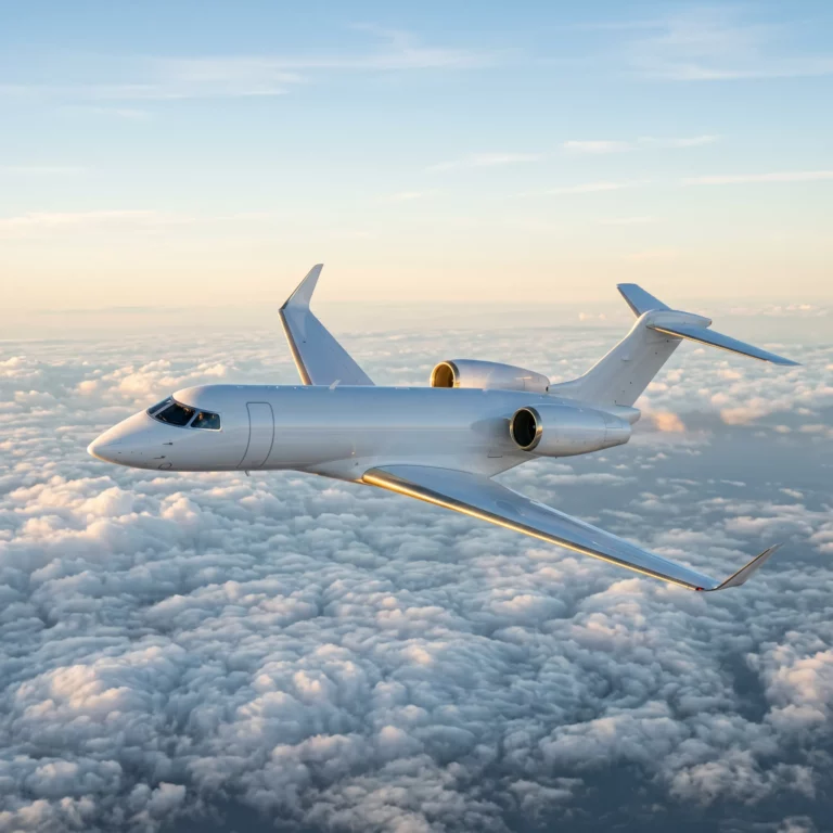 Clean-sheet business jet flying above clouds at high altitude, showing smooth aerodynamic fuselage and wing detail in golden afternoon light