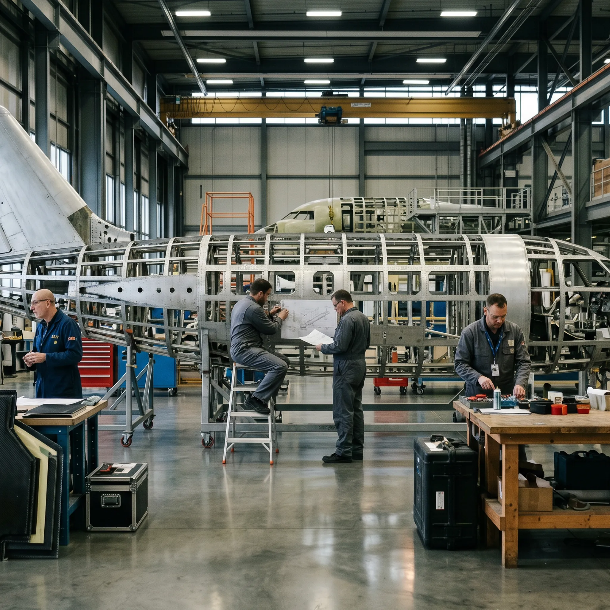 Aircraft engineering hangar showing full-scale fuselage structure and carbon fiber panels during preliminary design phase