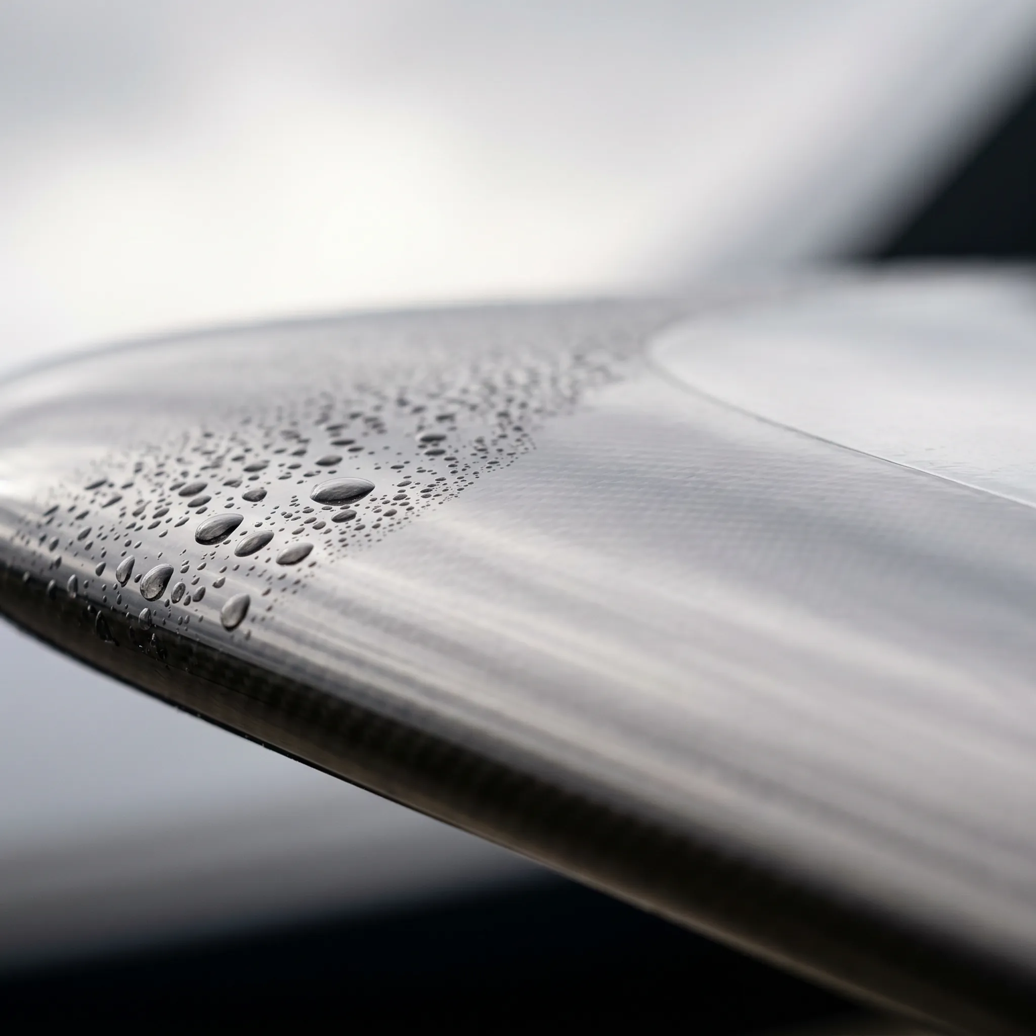 Close-up of composite aircraft wing leading edge with smooth laminar-flow surface finish and faint condensation droplets