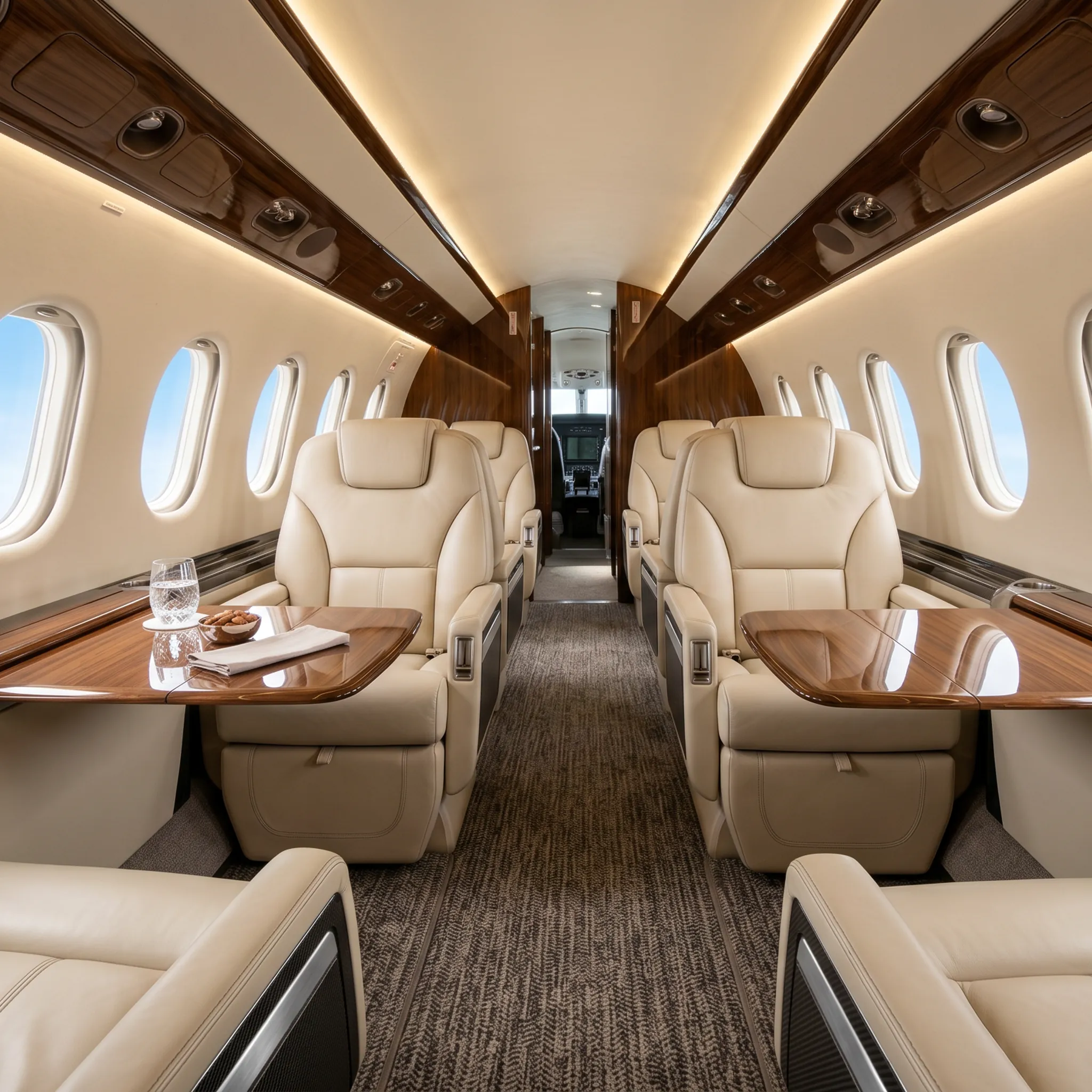 Luxurious midsize private jet cabin interior with cream leather seats, wood veneer tables, and carbon fiber trim in warm ambient lighting