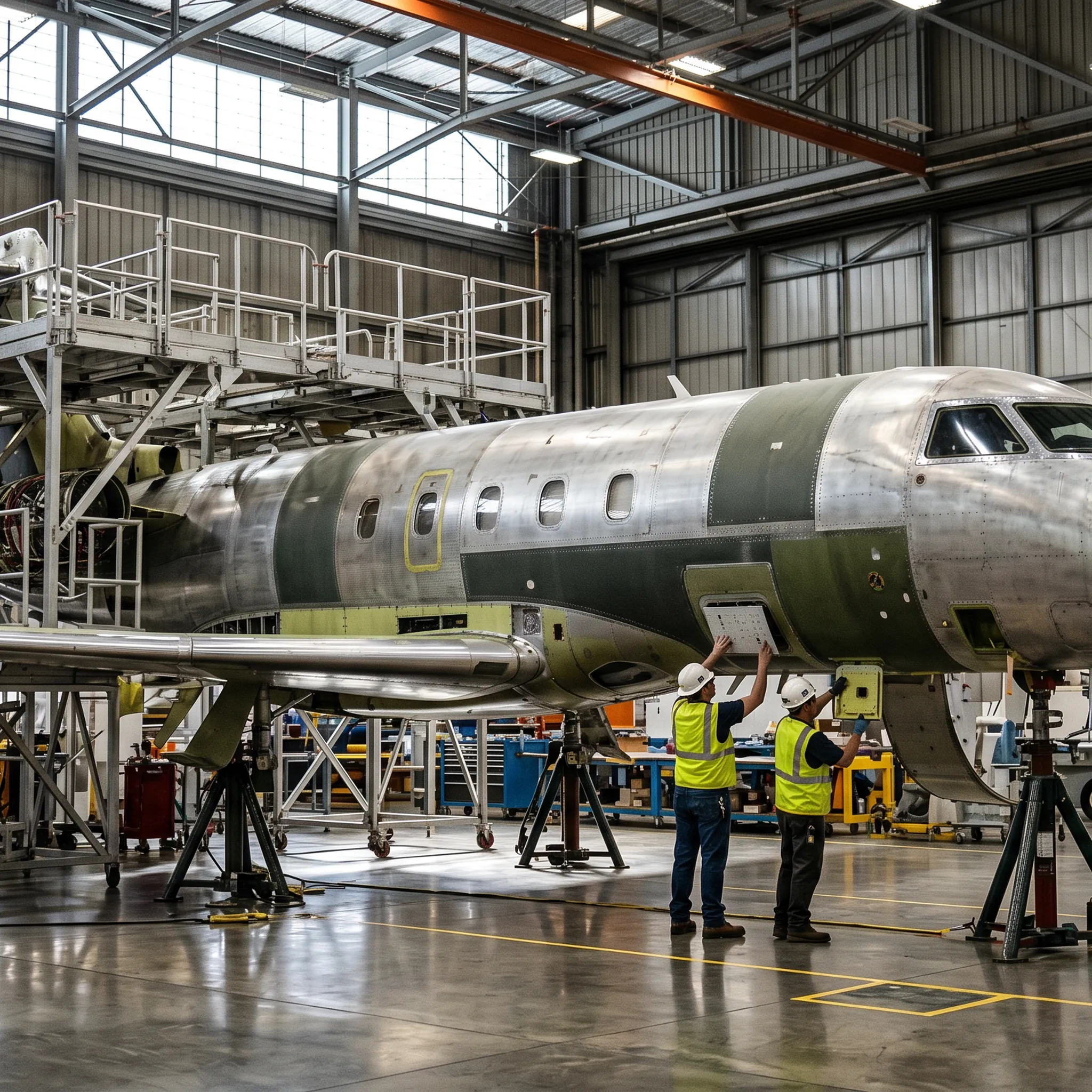 Business jet flight test vehicle in final assembly hangar with scaffolding and ground crew preparing for first flight program
