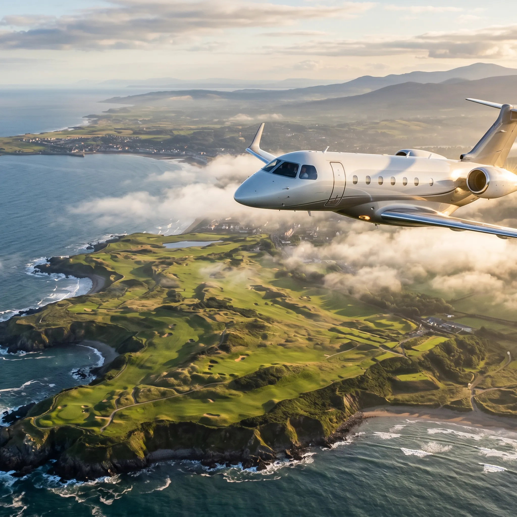 Private jet flying above a coastal golf links course seen through clouds, illustrating luxury golf travel by private aviation
