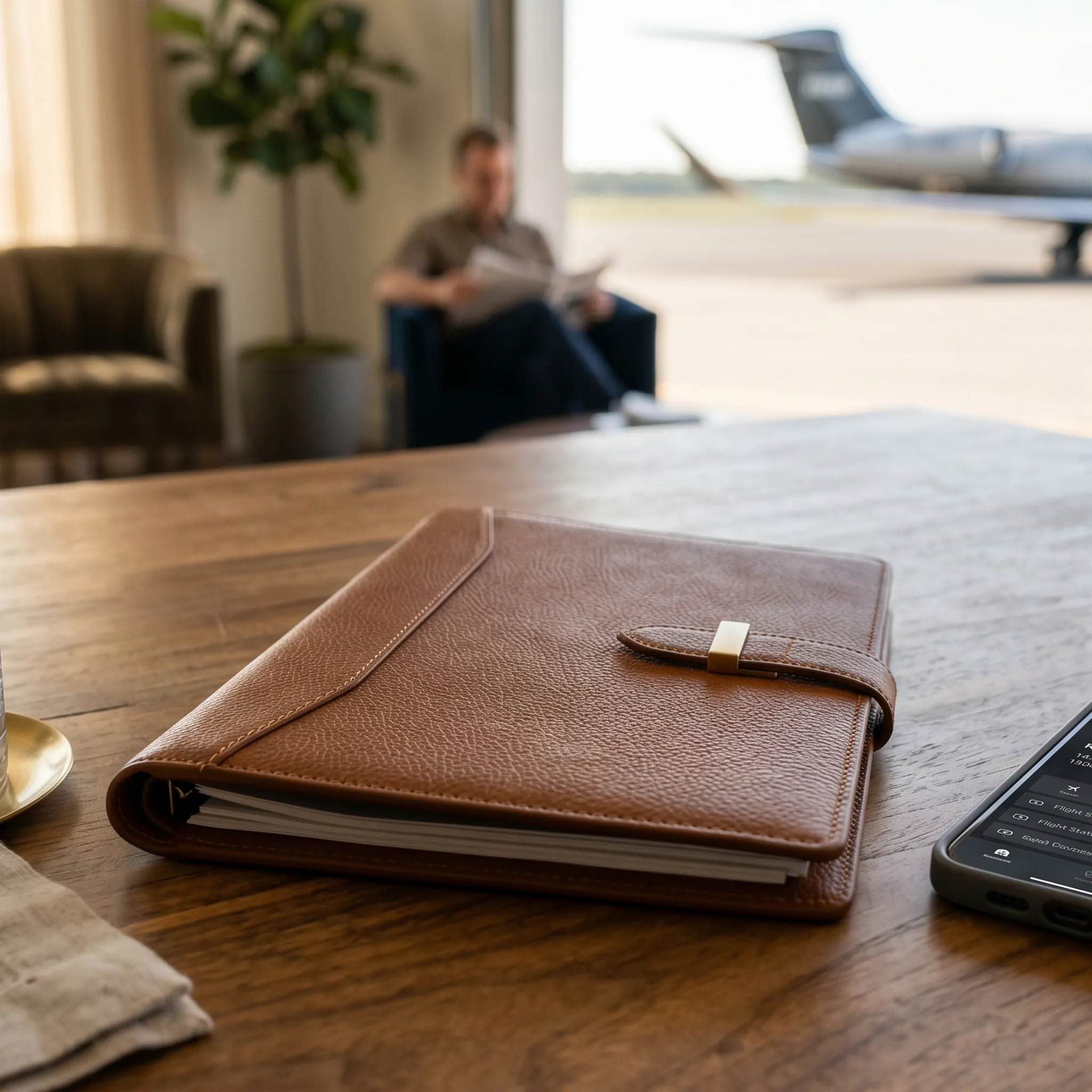 Luxury FBO lounge with leather travel itinerary folder and private aviation app on smartphone, representing concierge trip planning