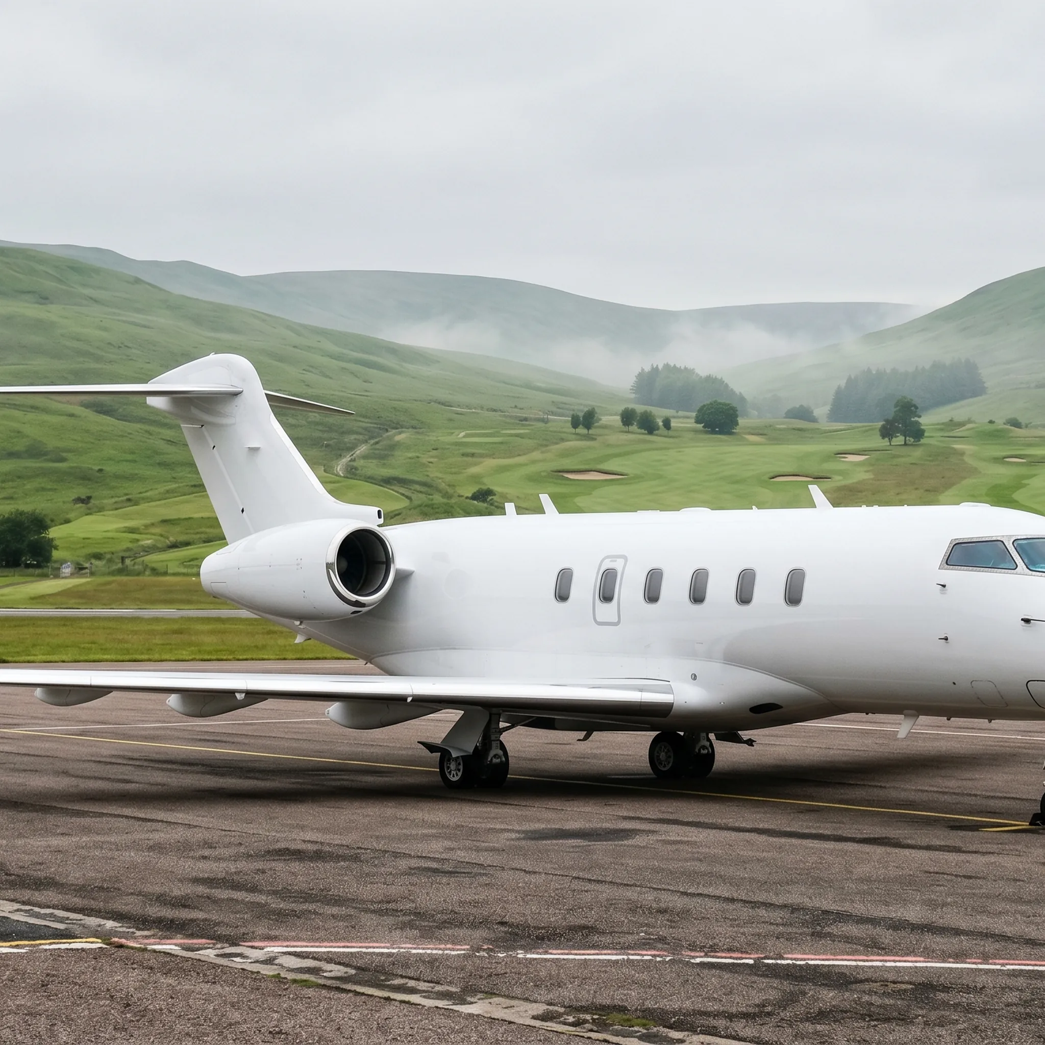 Private jet parked on regional airport ramp with golf course visible in background, representing private aviation golf travel