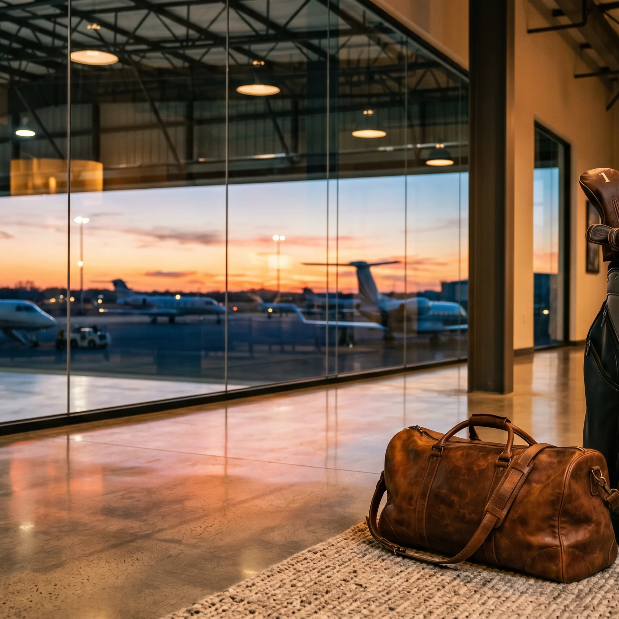 Premium FBO interior with golf bag near floor-to-ceiling windows overlooking private jet ramp at dusk