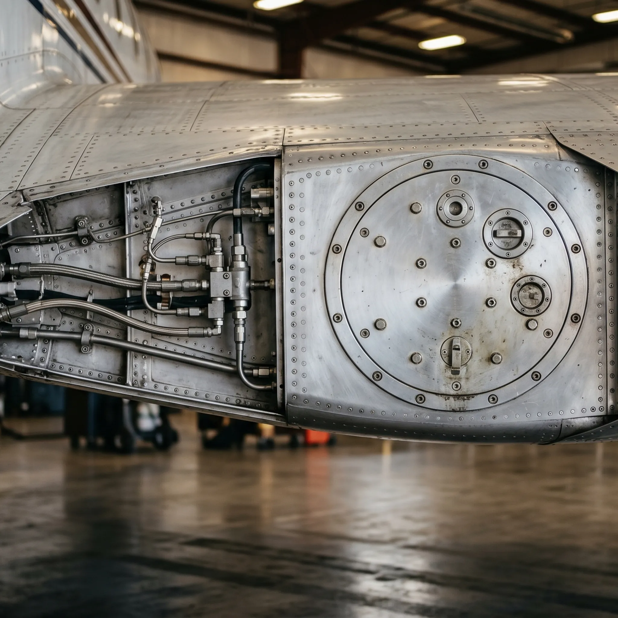 Close-up of private jet wing fuel panel detail in aircraft hangar showing precision aluminum construction