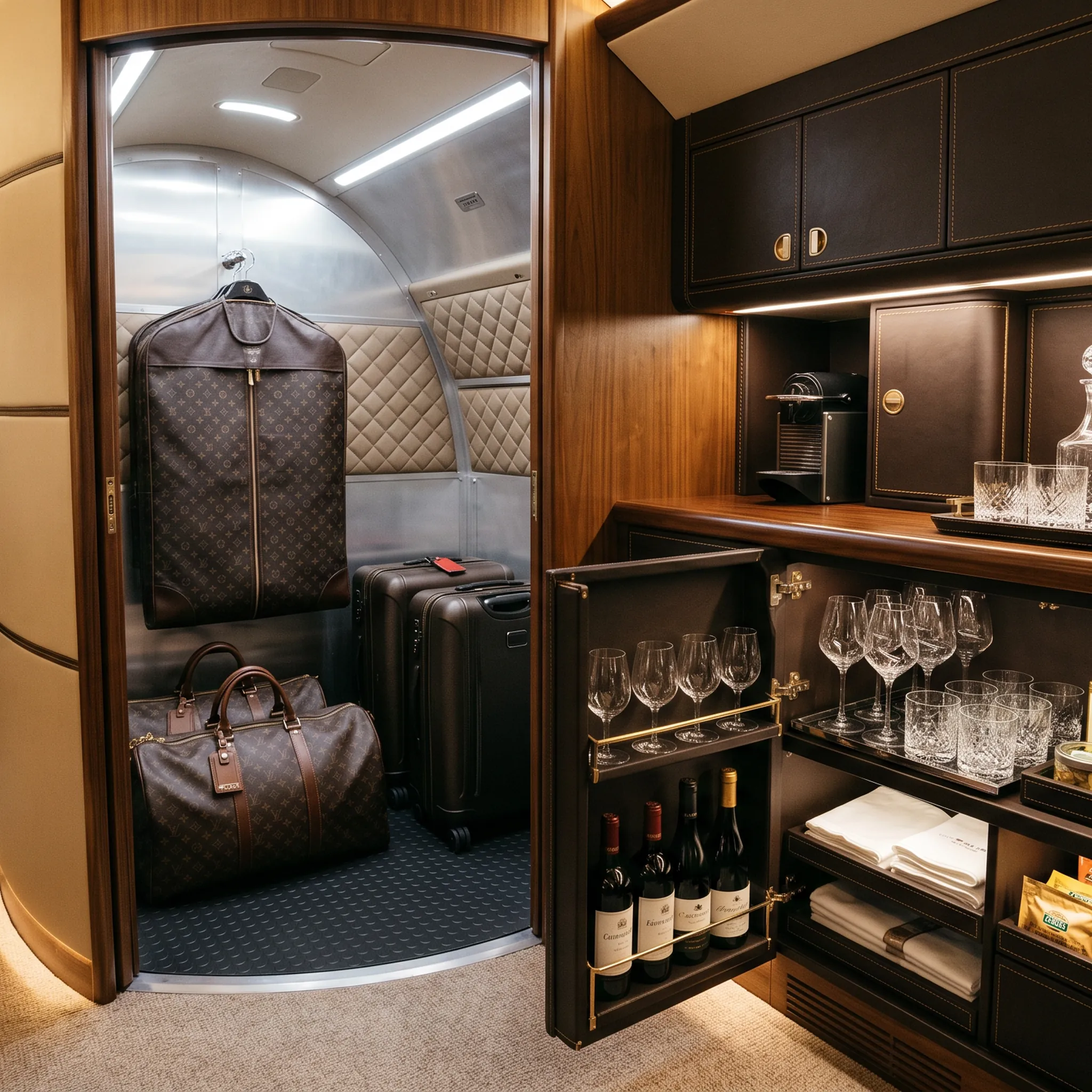 Private jet galley and baggage area showing catering provisions and luggage prepared for long-haul flight