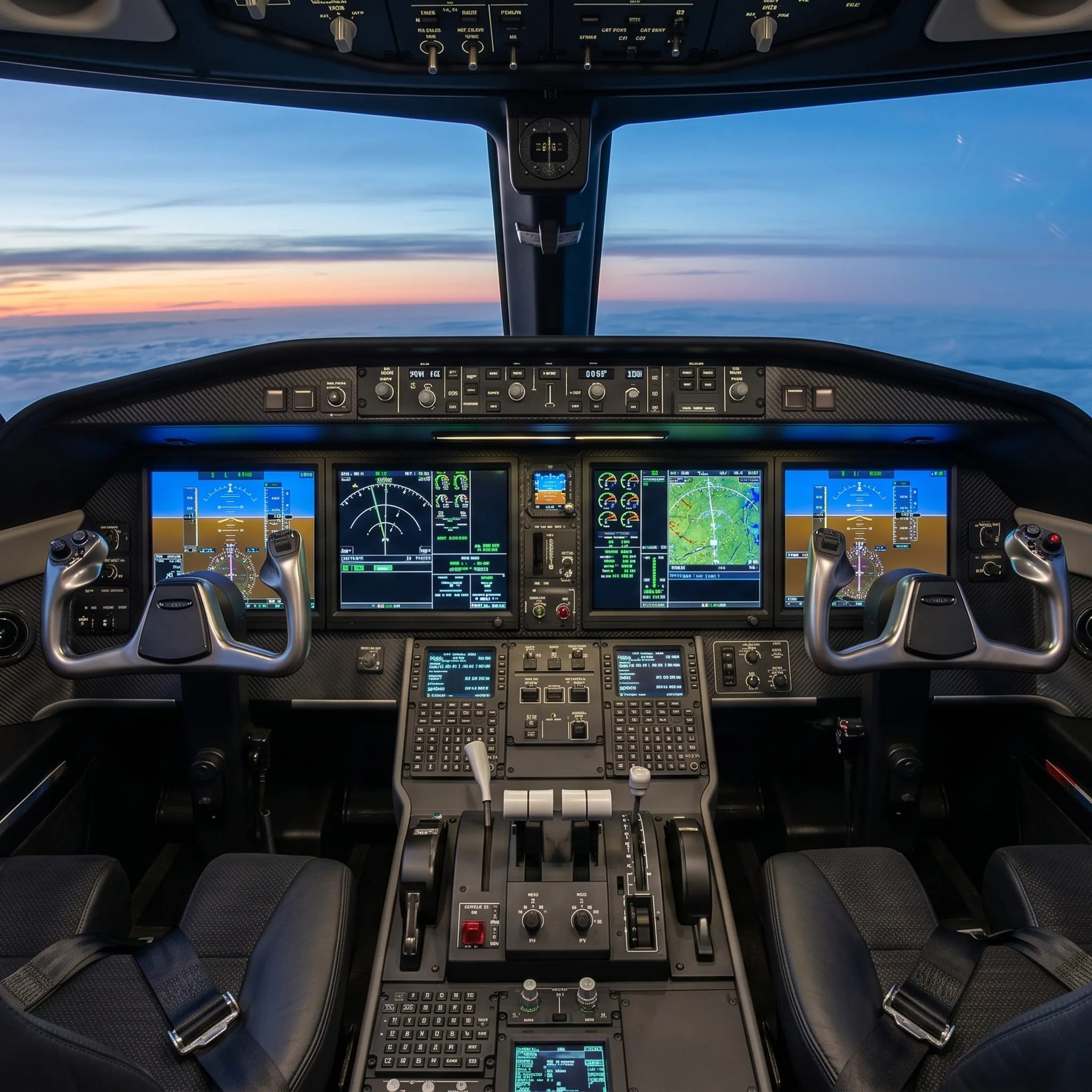 Private jet glass cockpit with illuminated avionics displays during cruise flight at dawn showing navigation and fuel systems