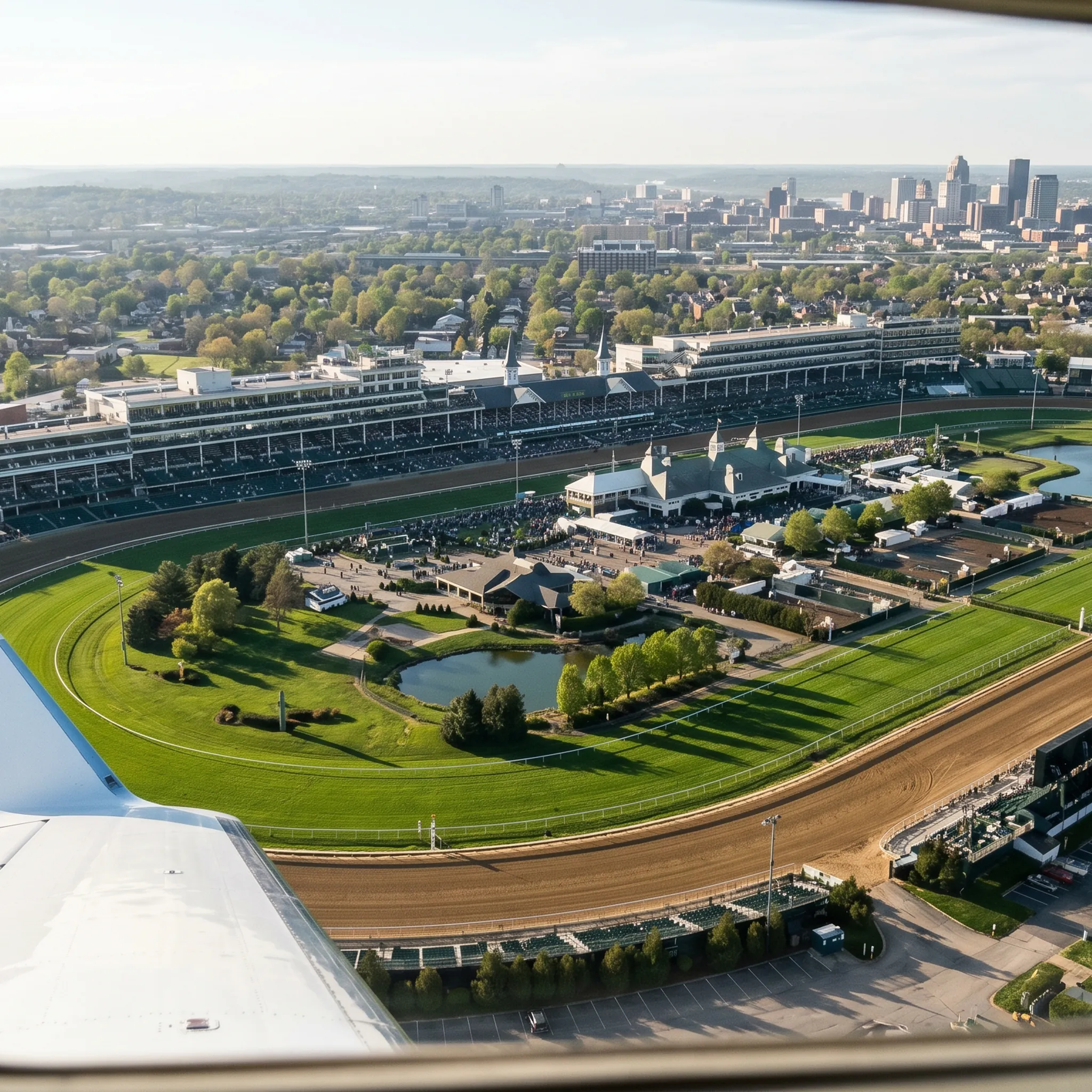 Aerial view of Churchill Downs racetrack with the iconic twin spires visible from a private aircraft window during Derby Week