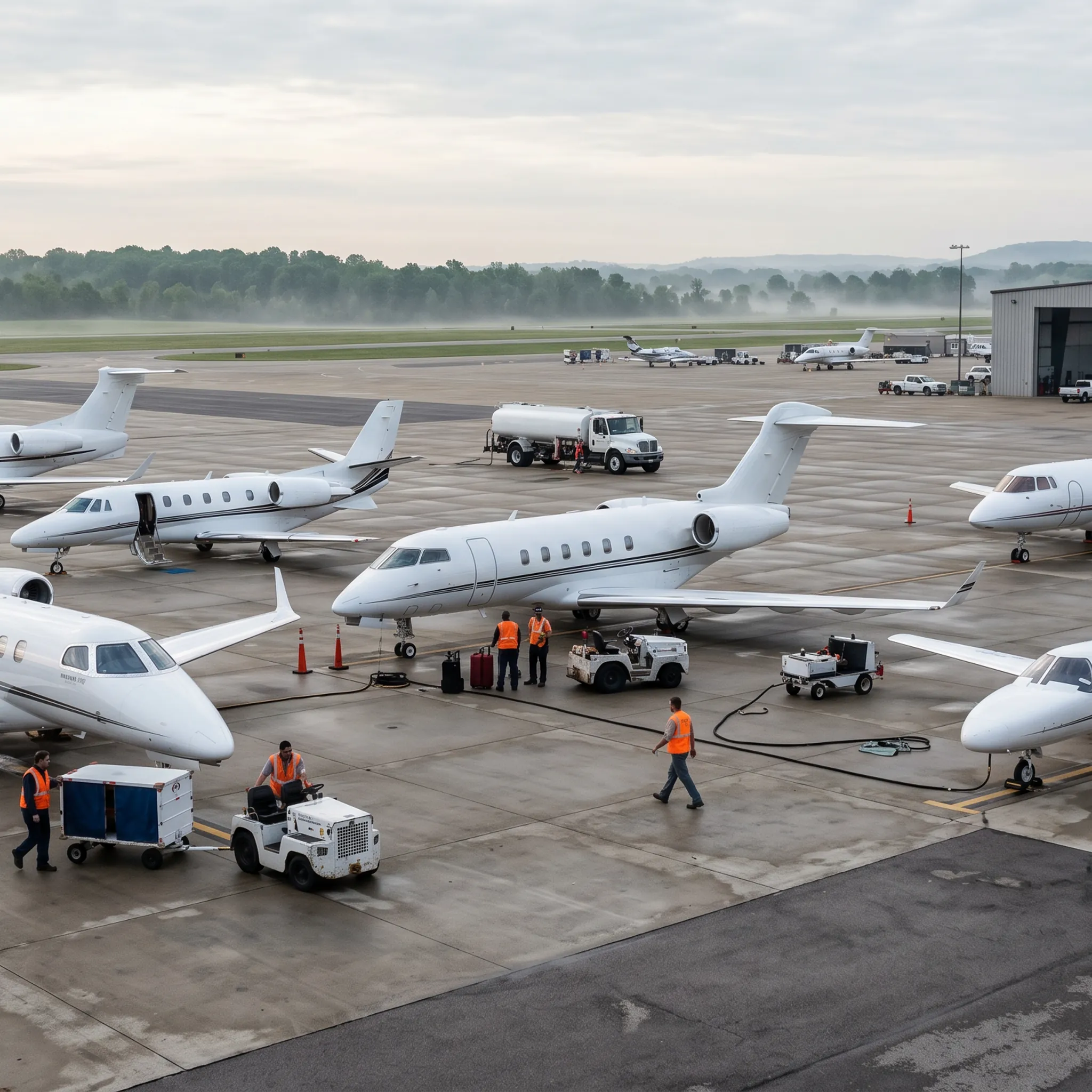 Multiple private jets parked on an FBO ramp during Kentucky Derby weekend with ground crews preparing aircraft for departure
