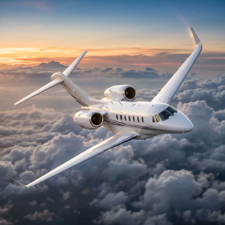Citation X super-midsize private jet flying above clouds at golden hour during a charter flight