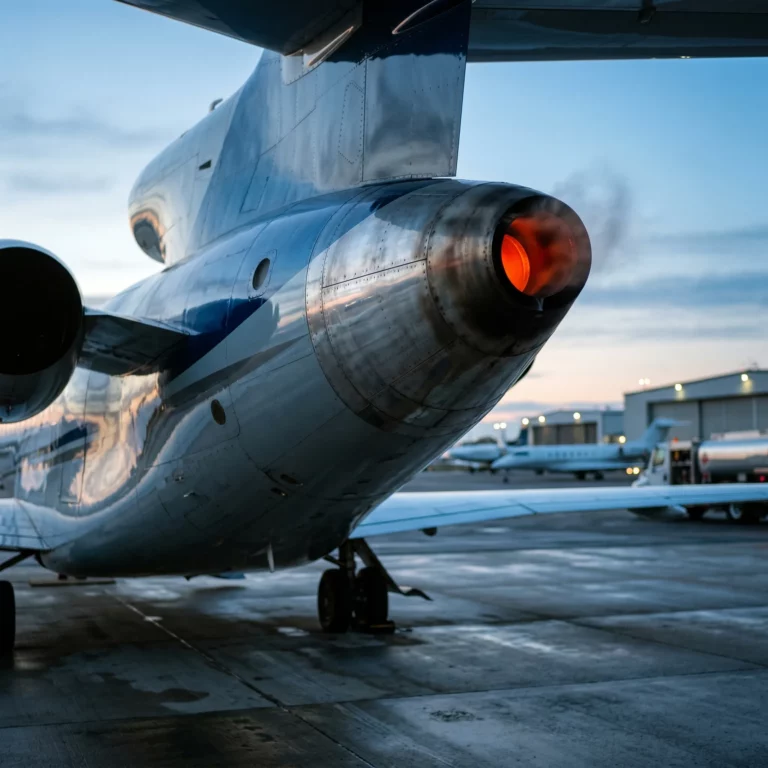 Close-up of a private jet tail section showing the APU exhaust port at dawn on an executive ramp