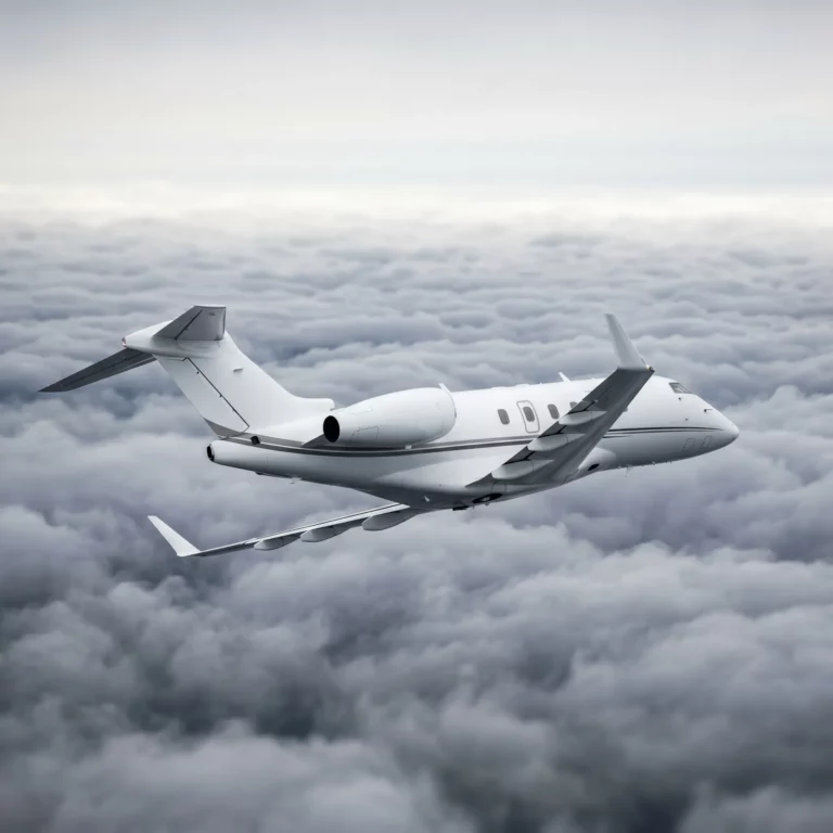 Bombardier Challenger 300 private jet banking above clouds in natural morning light
