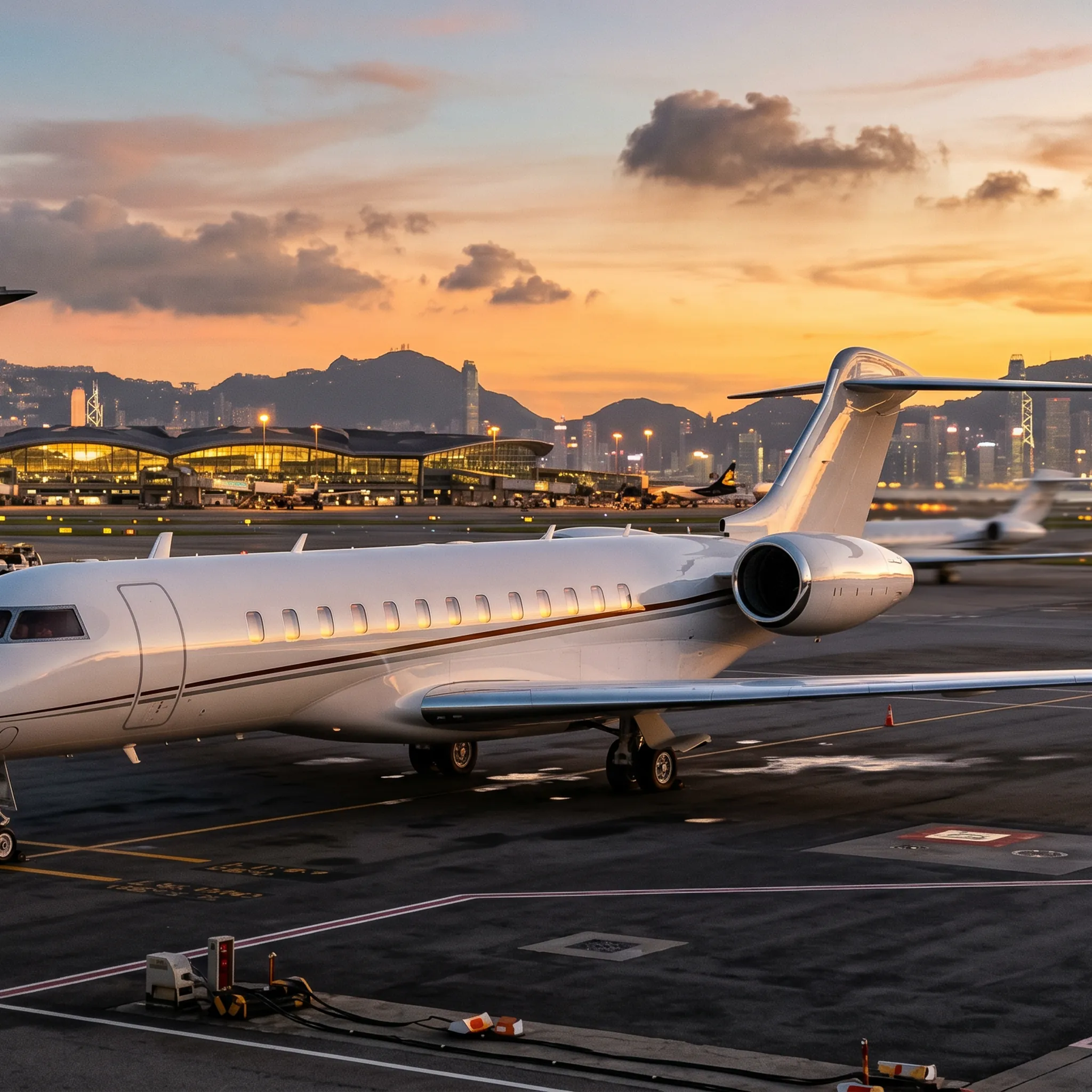 Bombardier Global 8000 on FBO ramp at Hong Kong International Airport at golden hour