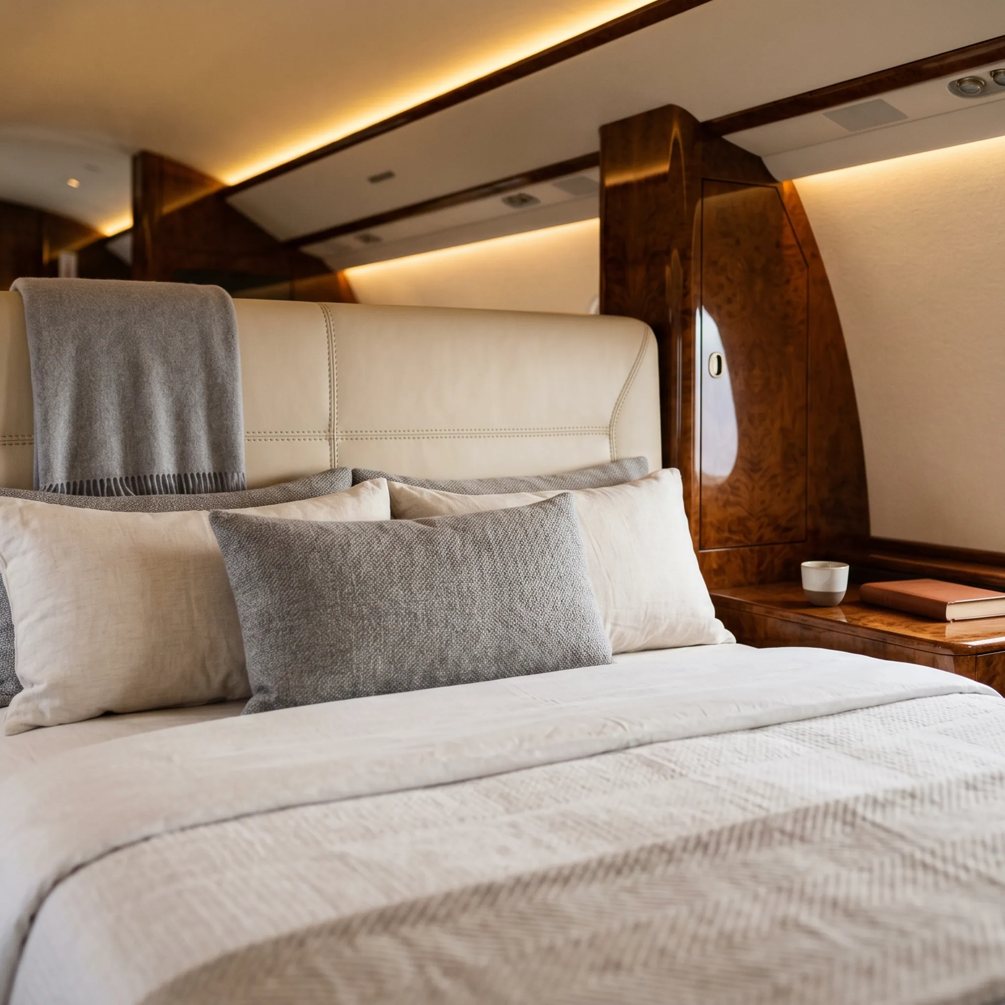 Bombardier Global 8000 luxury master suite cabin interior with full-size bed and ambient lighting
