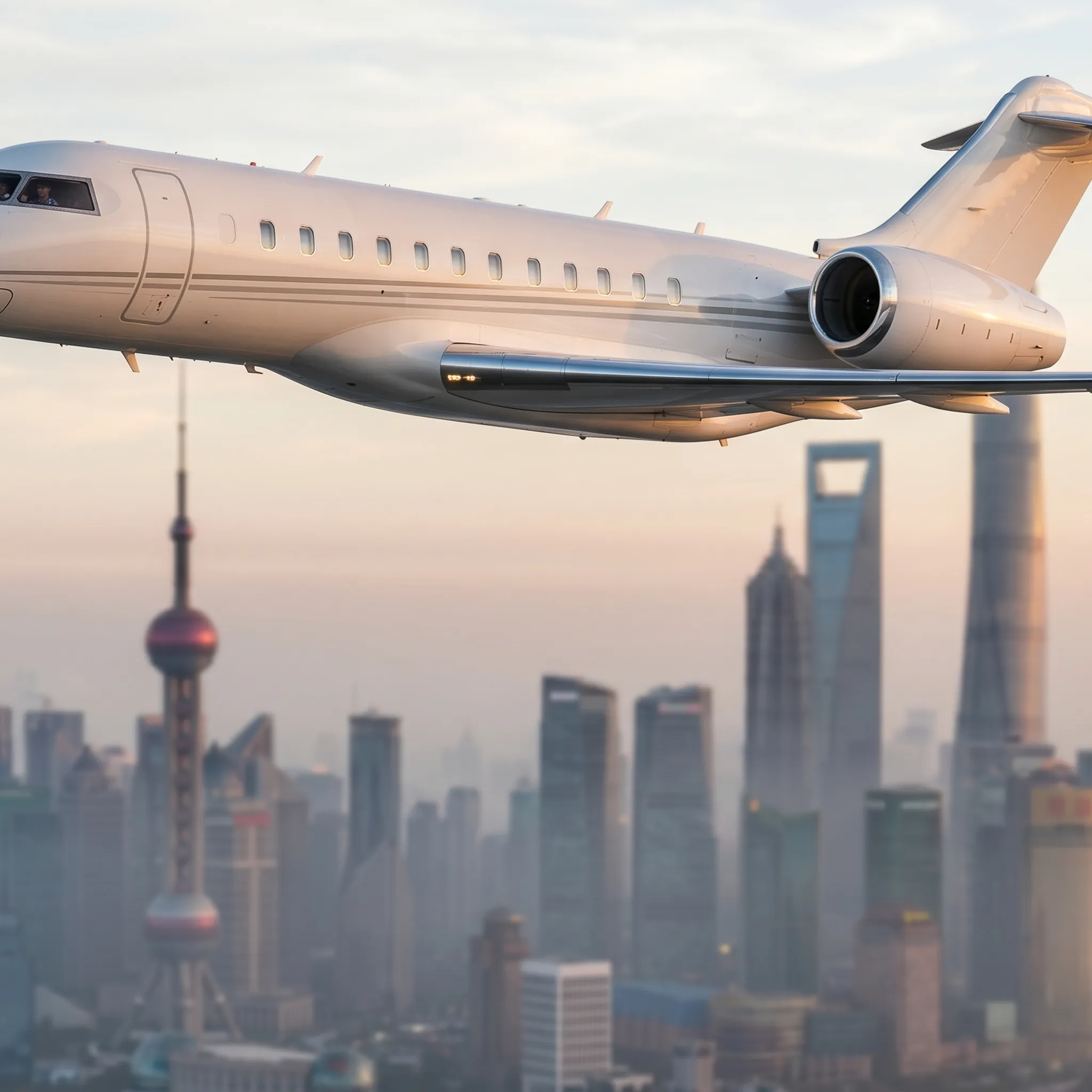 Bombardier Global 8000 flying over Shanghai skyline at sunrise during Vista Global Greater China tour