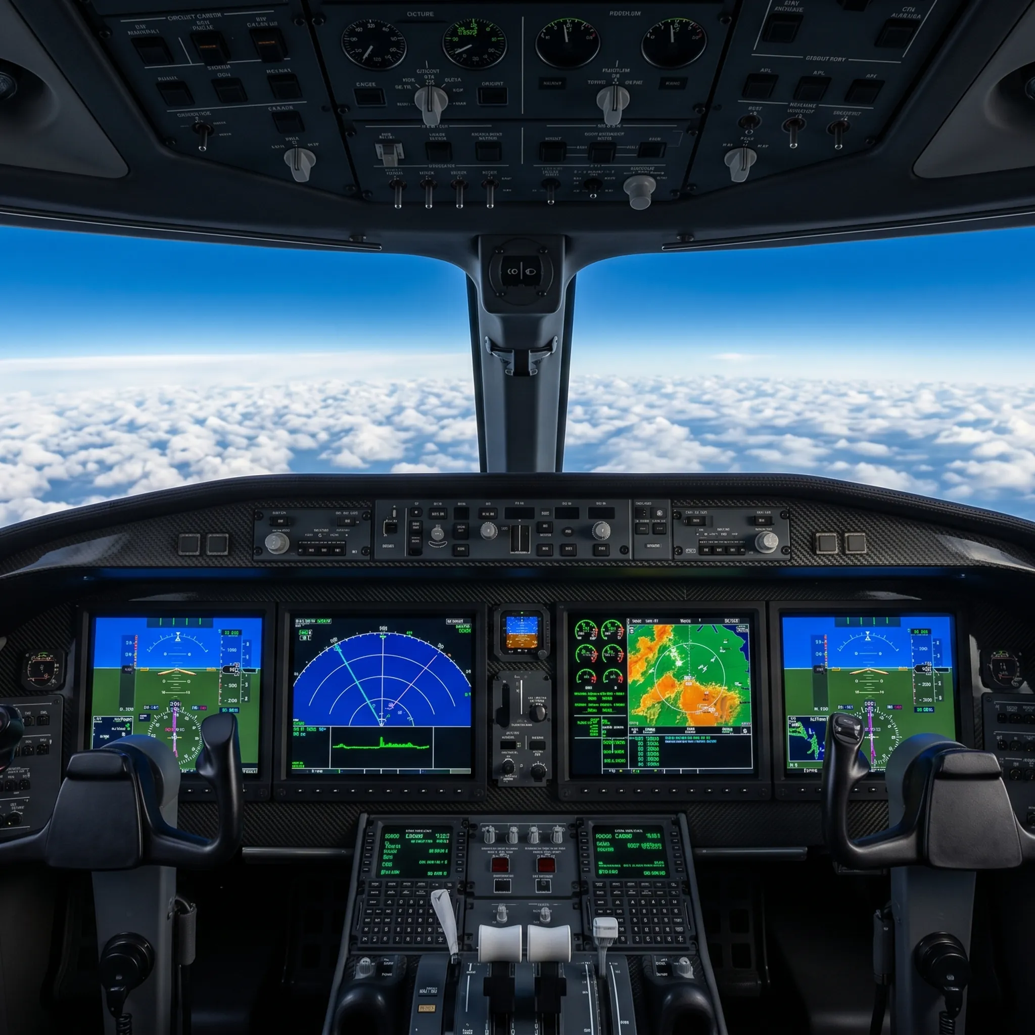 Bombardier Global 8000 glass cockpit with advanced avionics displays above cloud layer