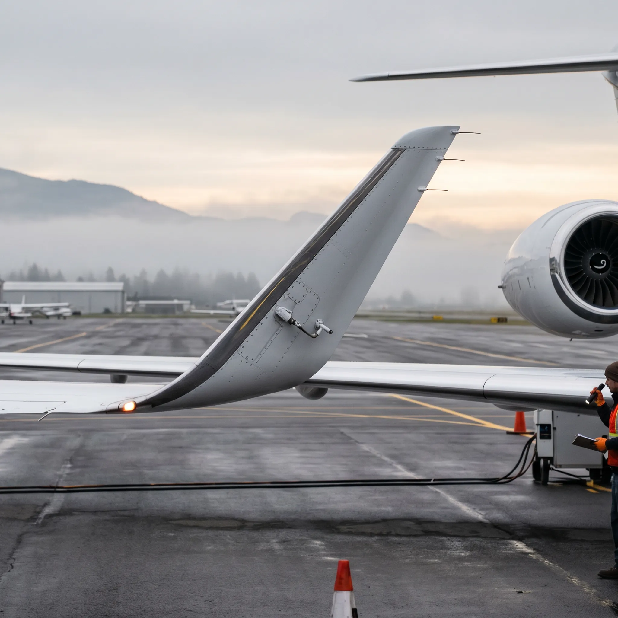 Bombardier Global 6500 business jet on FBO ramp during preflight inspection in morning light