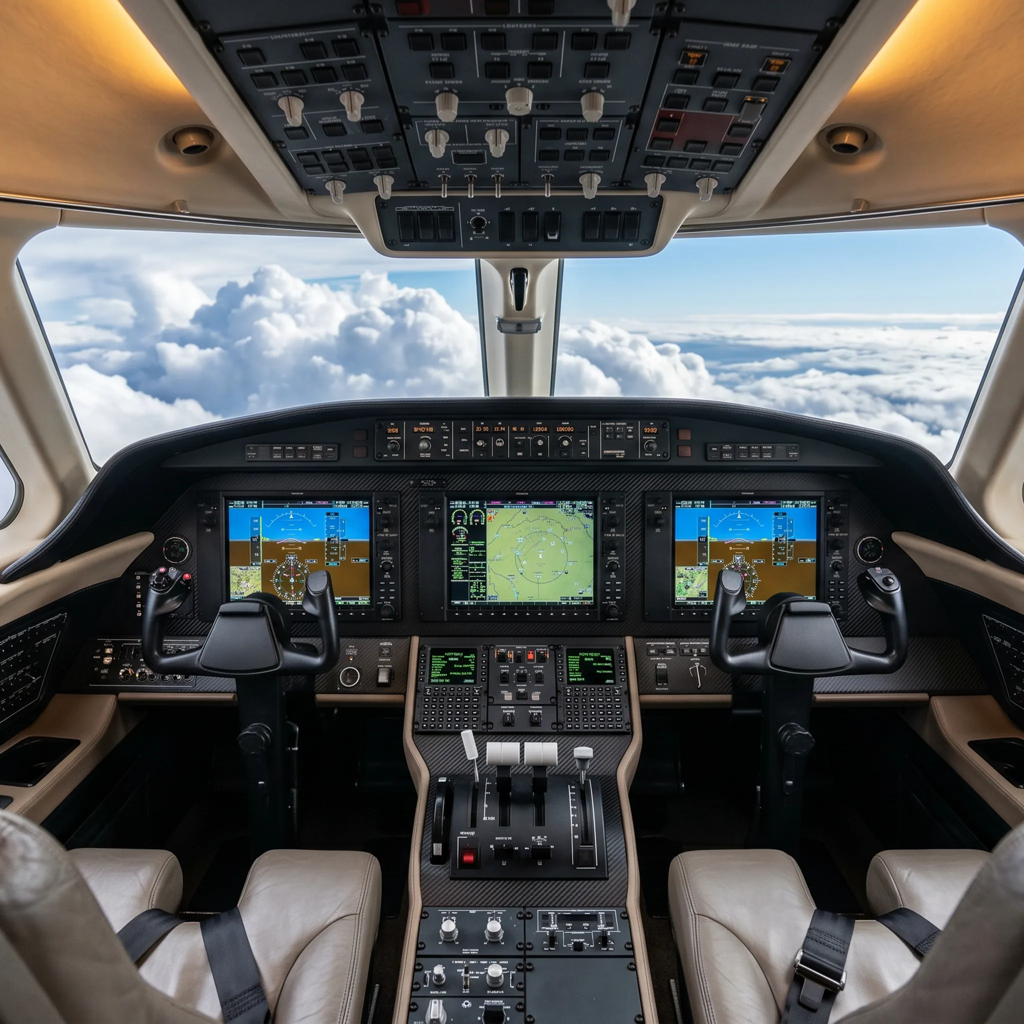 Modern business jet cockpit with glass avionics suite during cruise flight above cloud layer