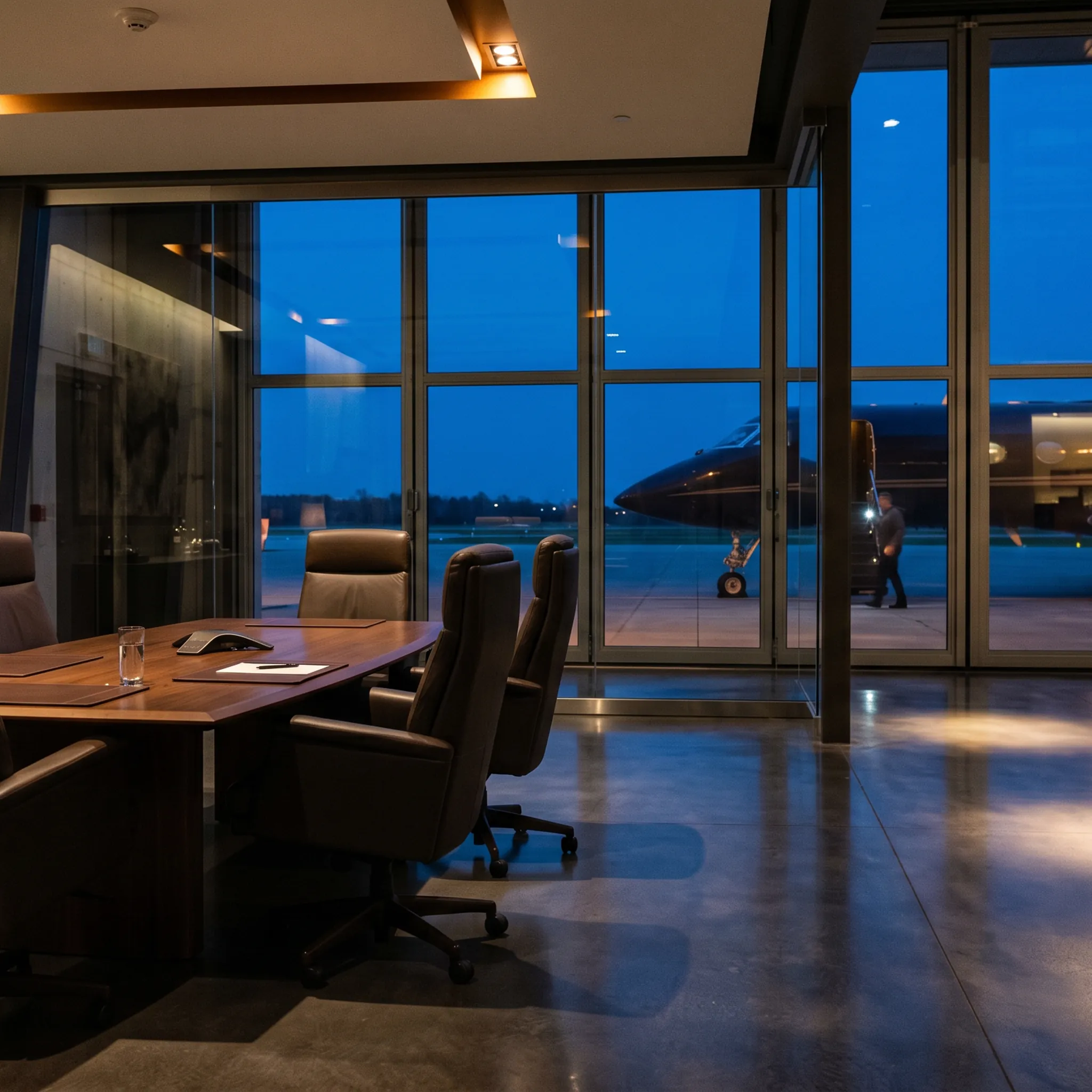 Premium private aviation FBO lounge with business jet visible through hangar doors at blue hour