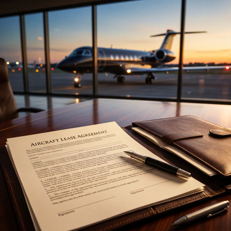 Private aviation lease agreement on an executive desk with a business jet visible through FBO windows at dusk
