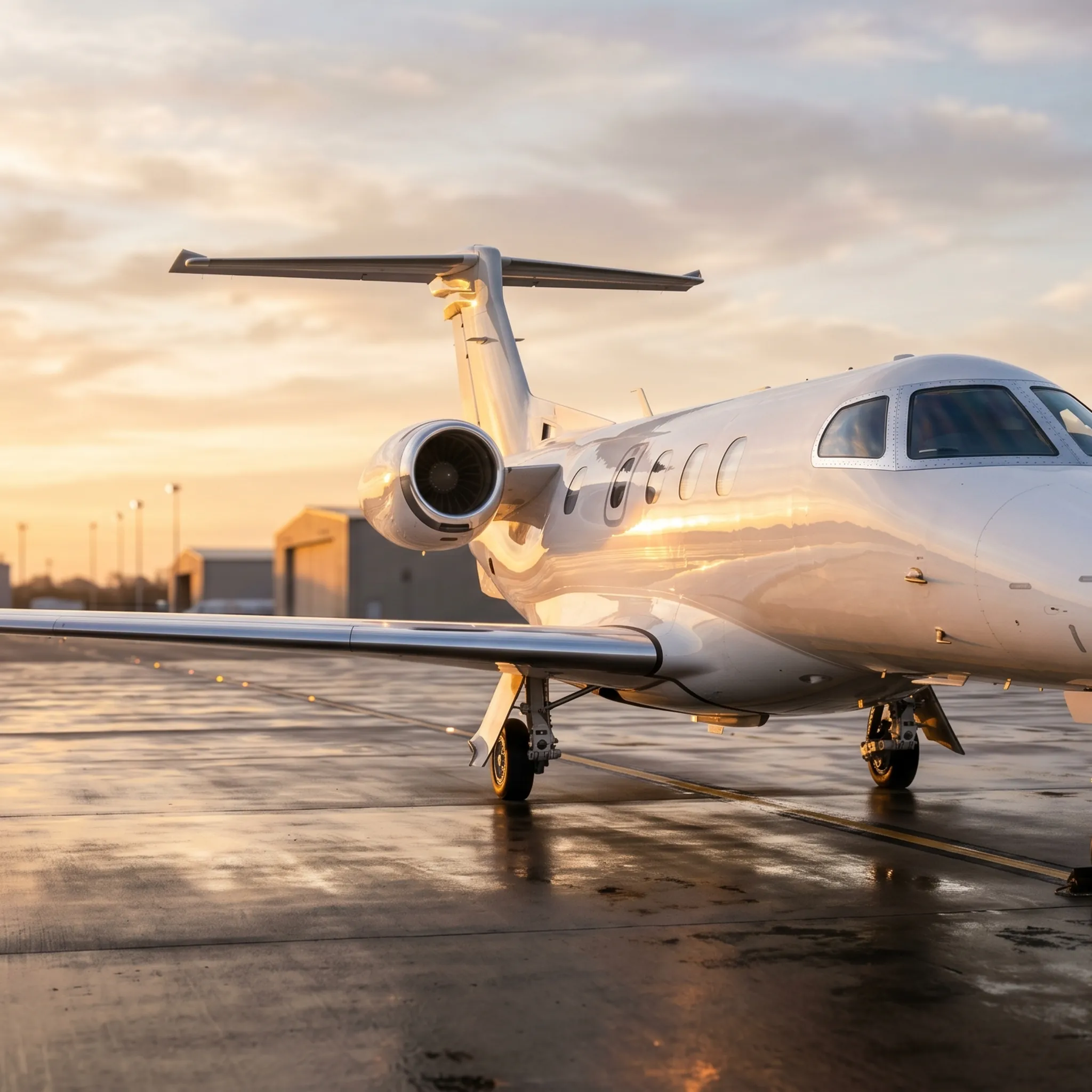 Embraer Phenom 300 light jet on FBO ramp at dawn with golden morning light on polished fuselage