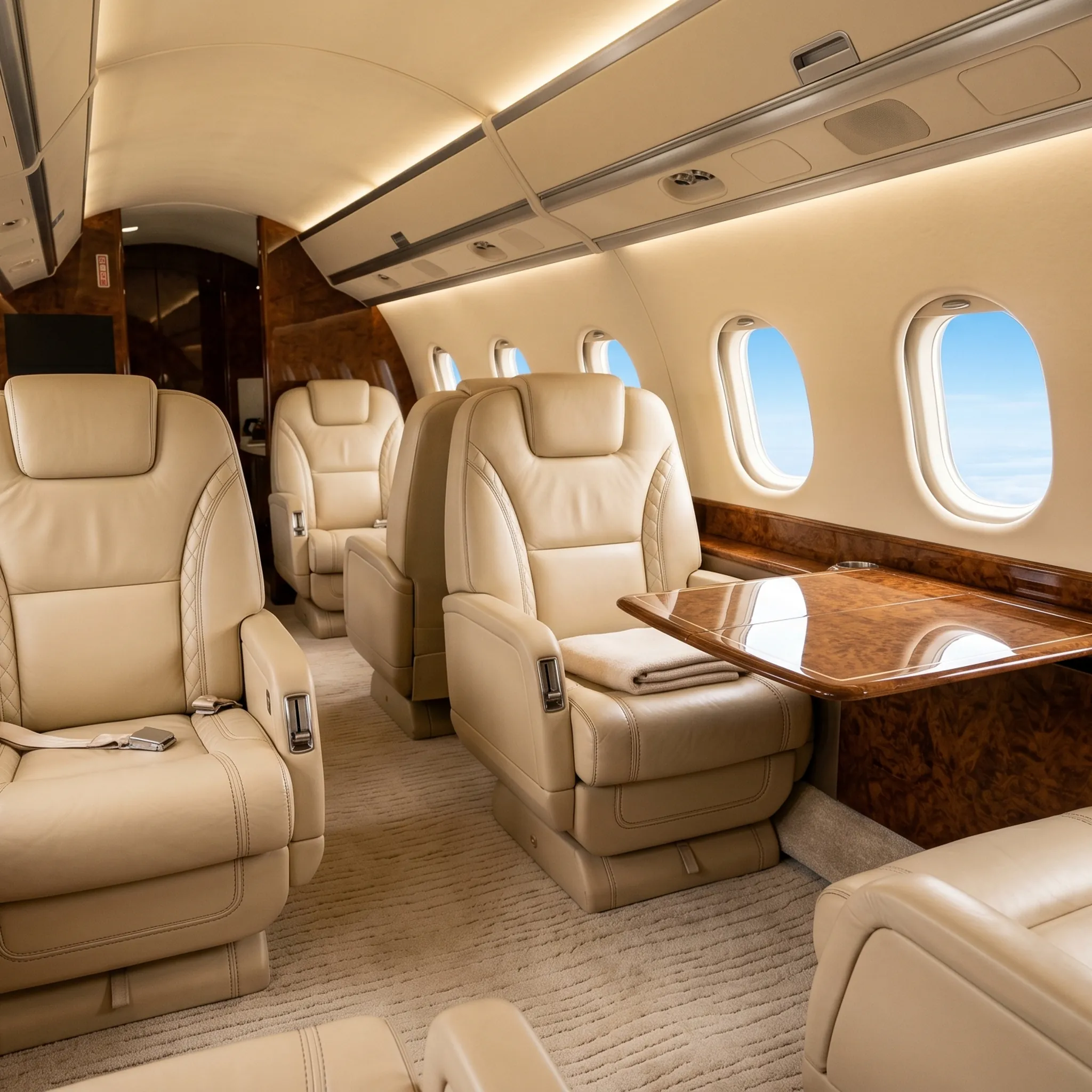 Luxurious private jet cabin interior with cream leather seats and warm ambient lighting at cruise altitude