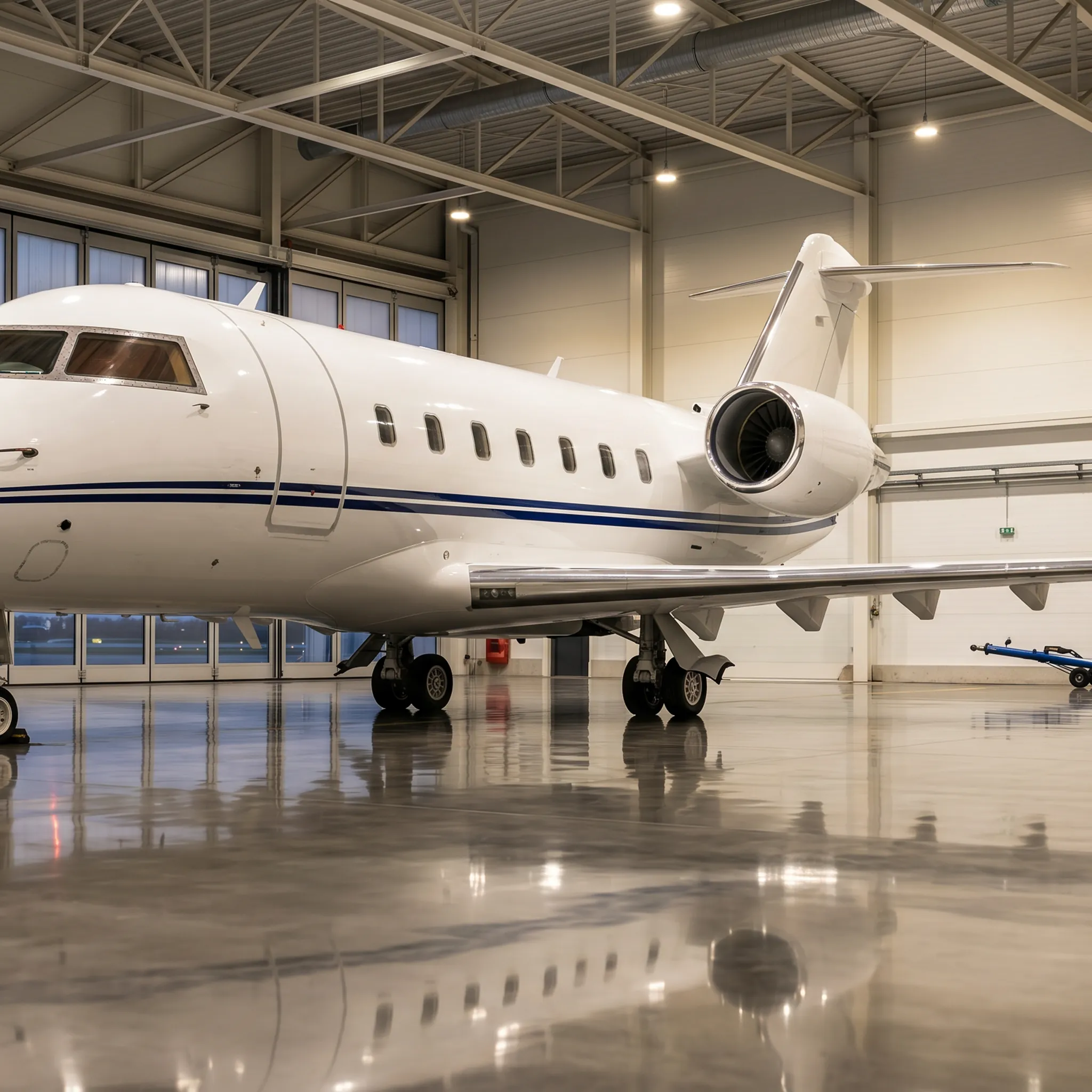 Bombardier Challenger 604 parked inside a private aviation hangar at a European FBO