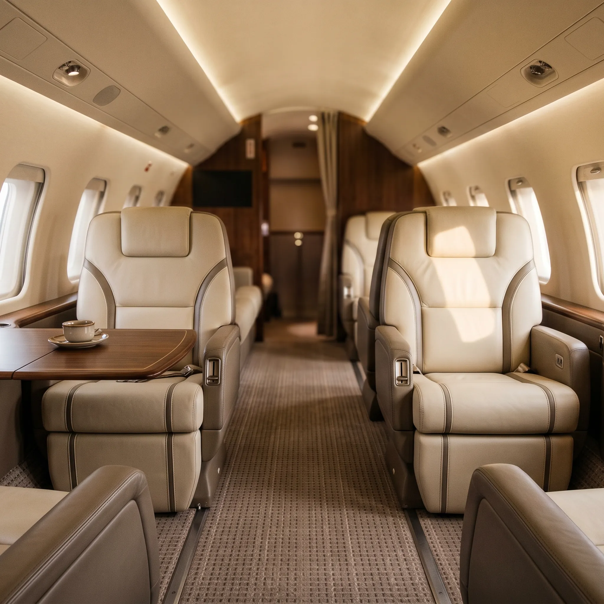 Luxurious Challenger 604 cabin interior with leather seating and modern refurbishment