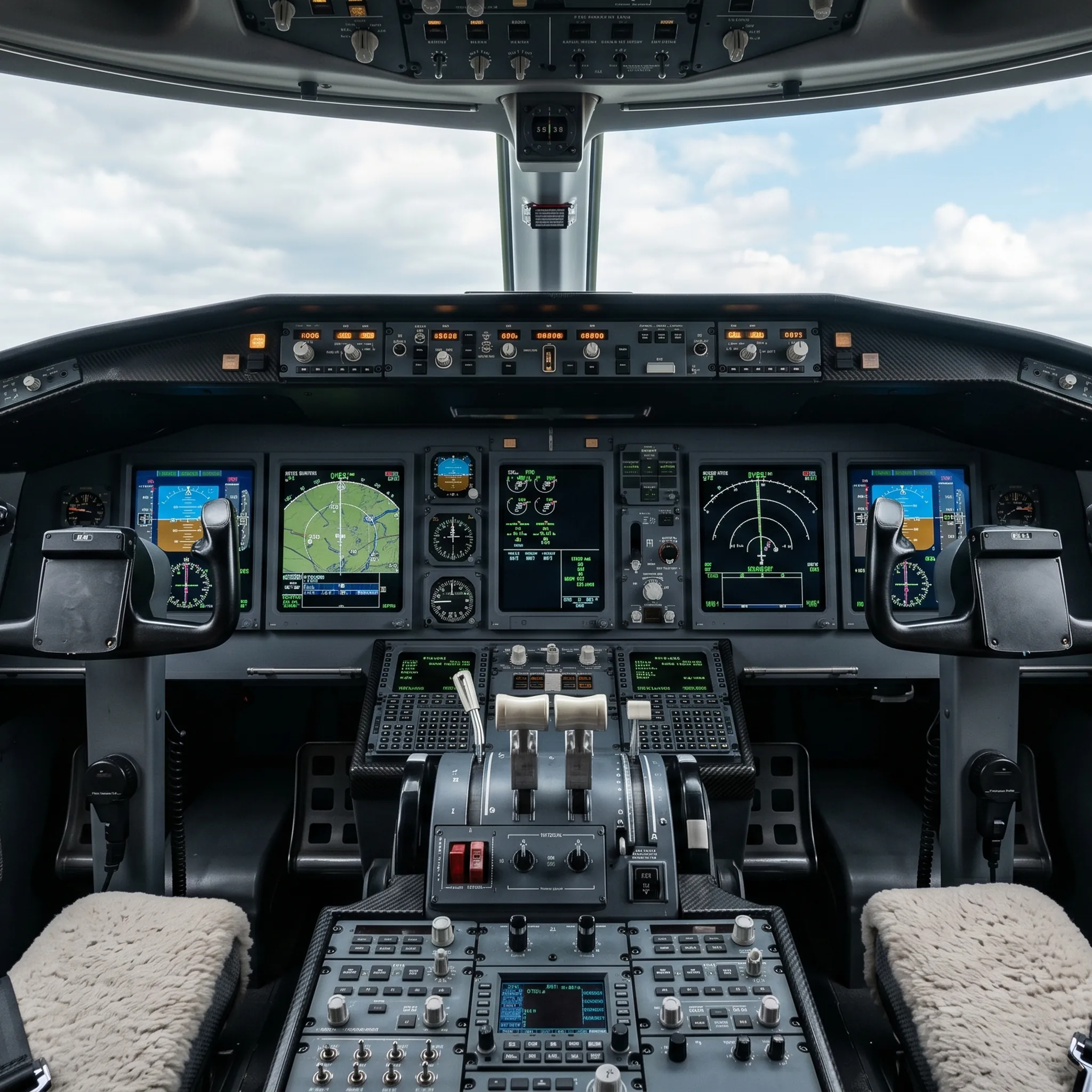 Bombardier Challenger 604 cockpit with ProLine avionics displays showing navigation data