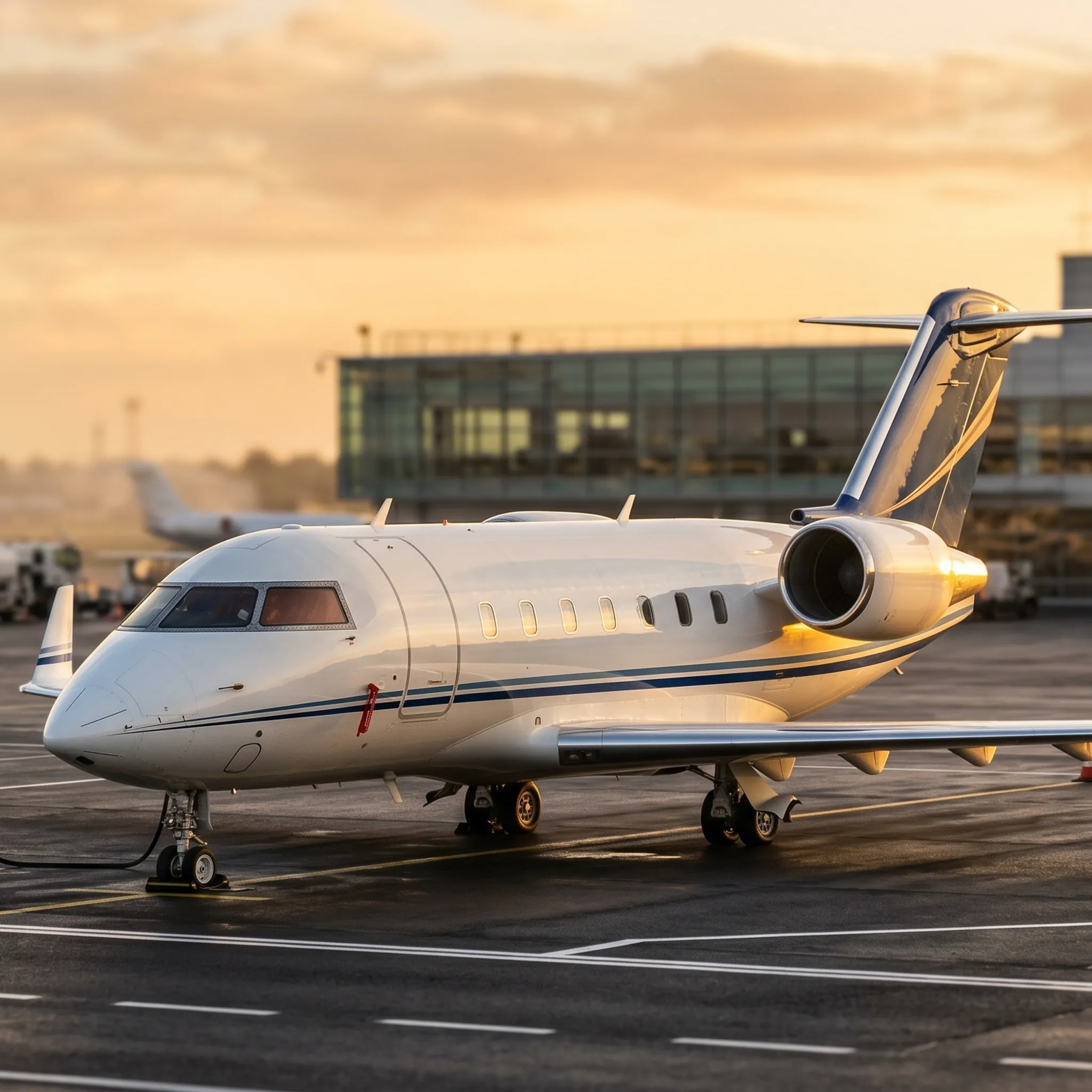 Bombardier Challenger 604 on a European FBO ramp at golden hour with warm sunlight