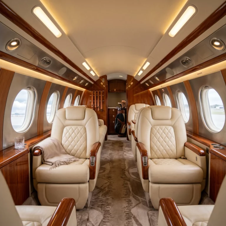Luxurious private jet cabin with cream leather seats and polished wood trim, suggesting upscale golf travel experience