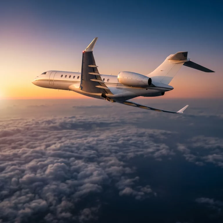 Bombardier Global 8000 private jet flying above clouds at dusk over Asia Pacific region