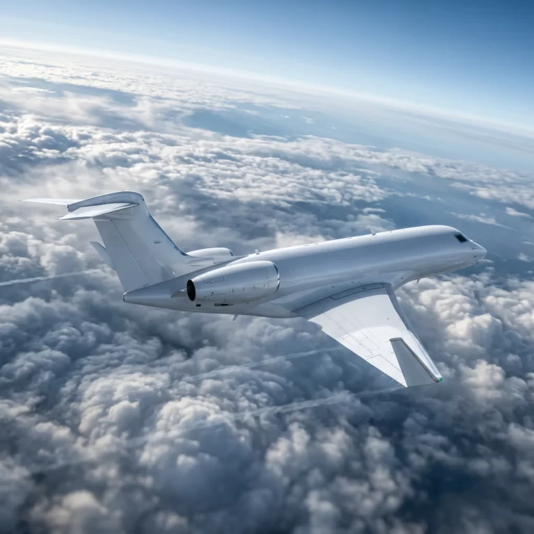 Ultra-long-range private jet cruising above cloud layer at high altitude showing fuselage and winglet detail
