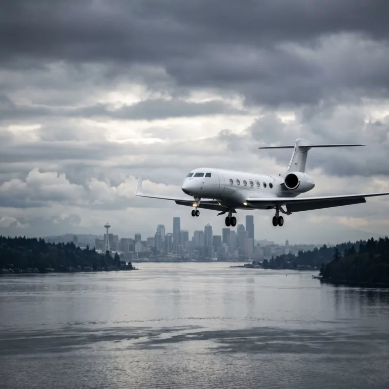 Private jet on approach over Puget Sound with Seattle skyline in background during overcast conditions