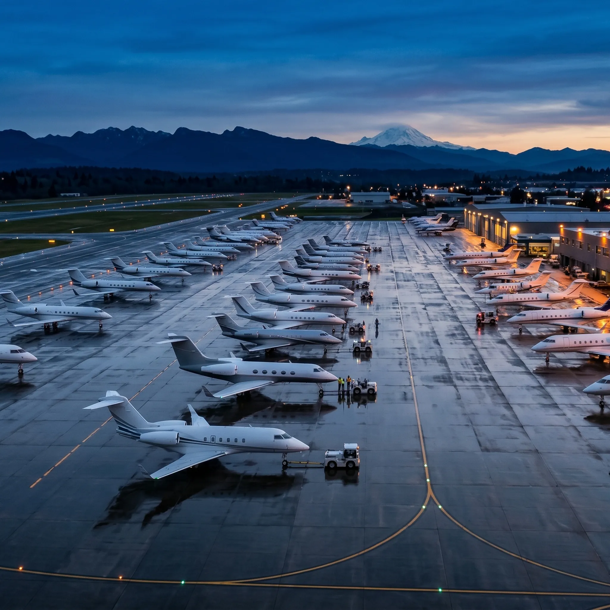 Business jets parked on Boeing Field ramp at dusk with Seattle mountains in the background