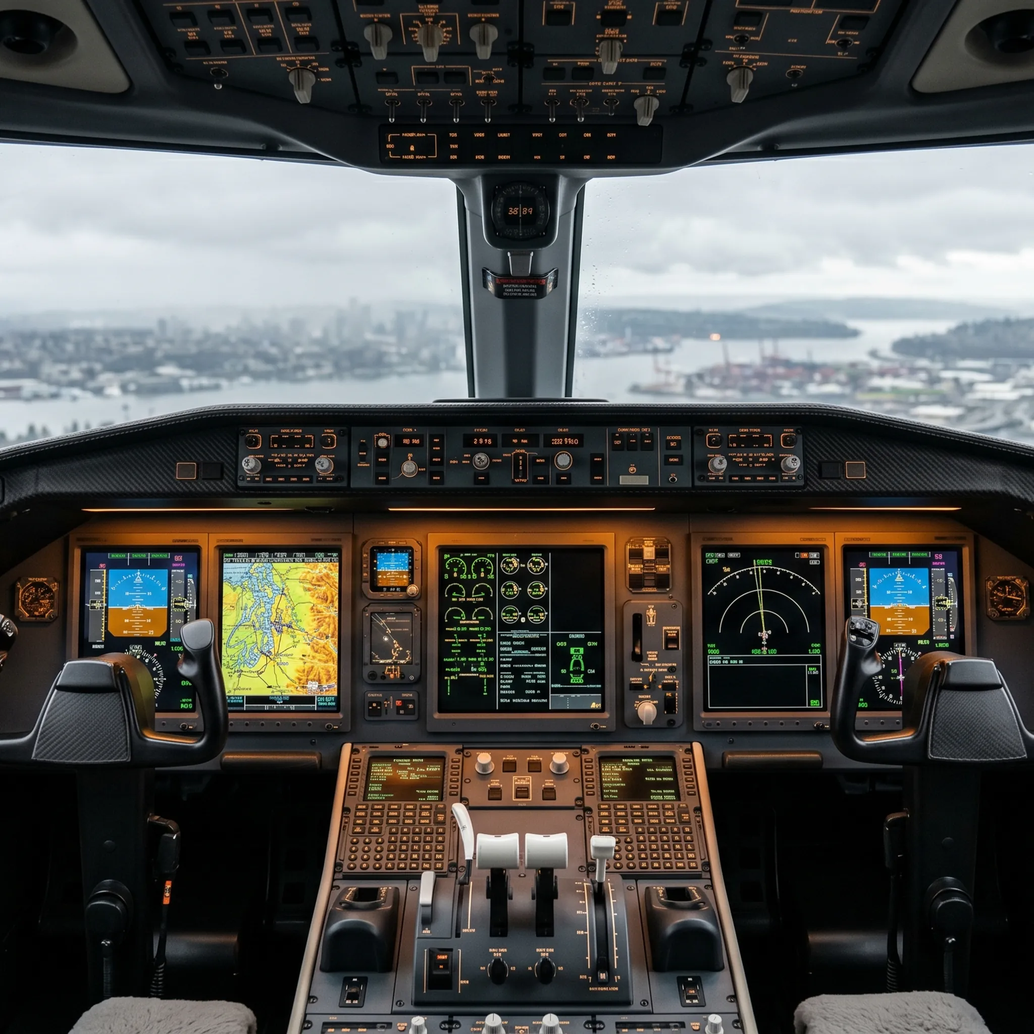 Business jet cockpit displaying Seattle sectional chart with Puget Sound topography on glass avionics screens