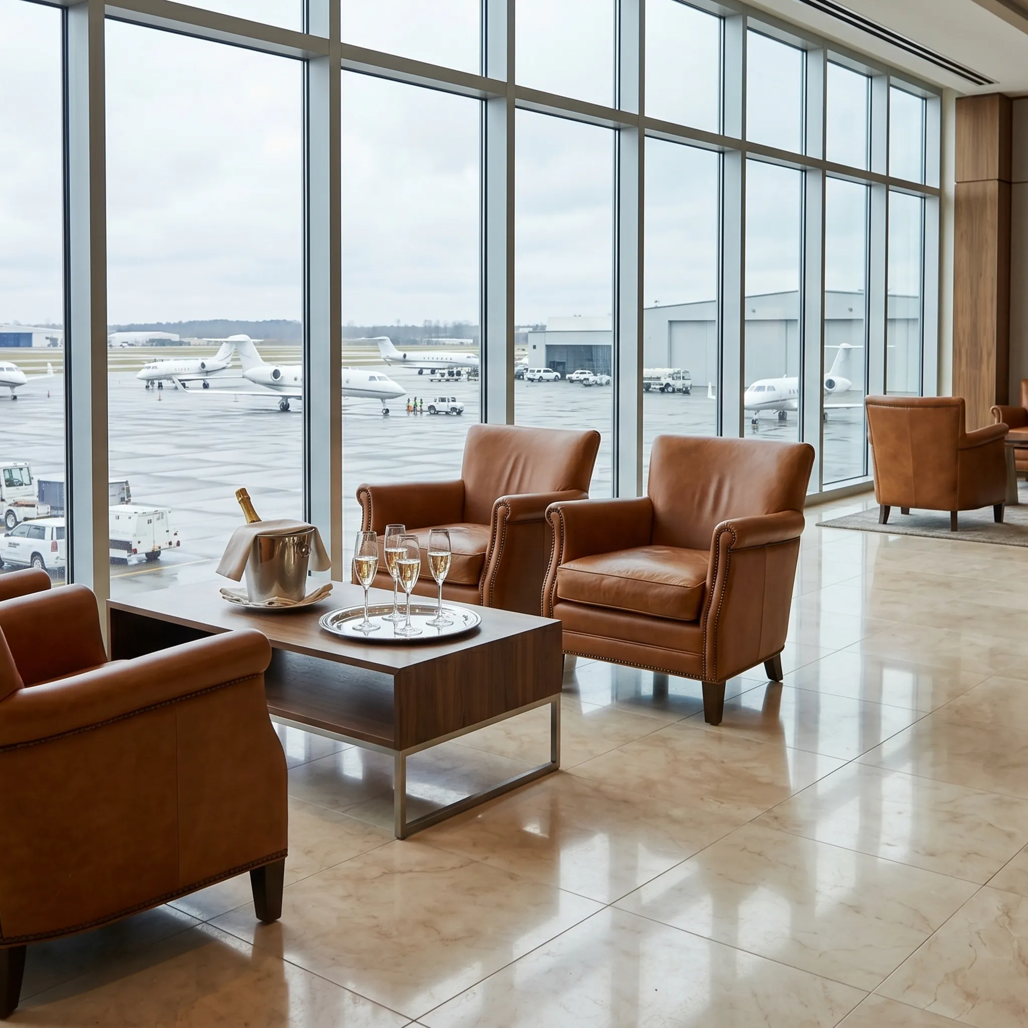 Luxury FBO lounge interior with leather seating and panoramic ramp views through floor-to-ceiling windows