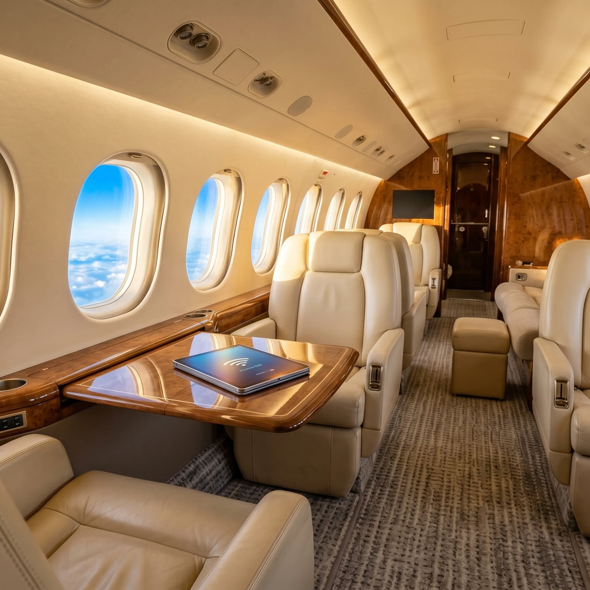 Luxurious Gulfstream GIV-SP cabin interior with leather seating and large windows showing blue skies